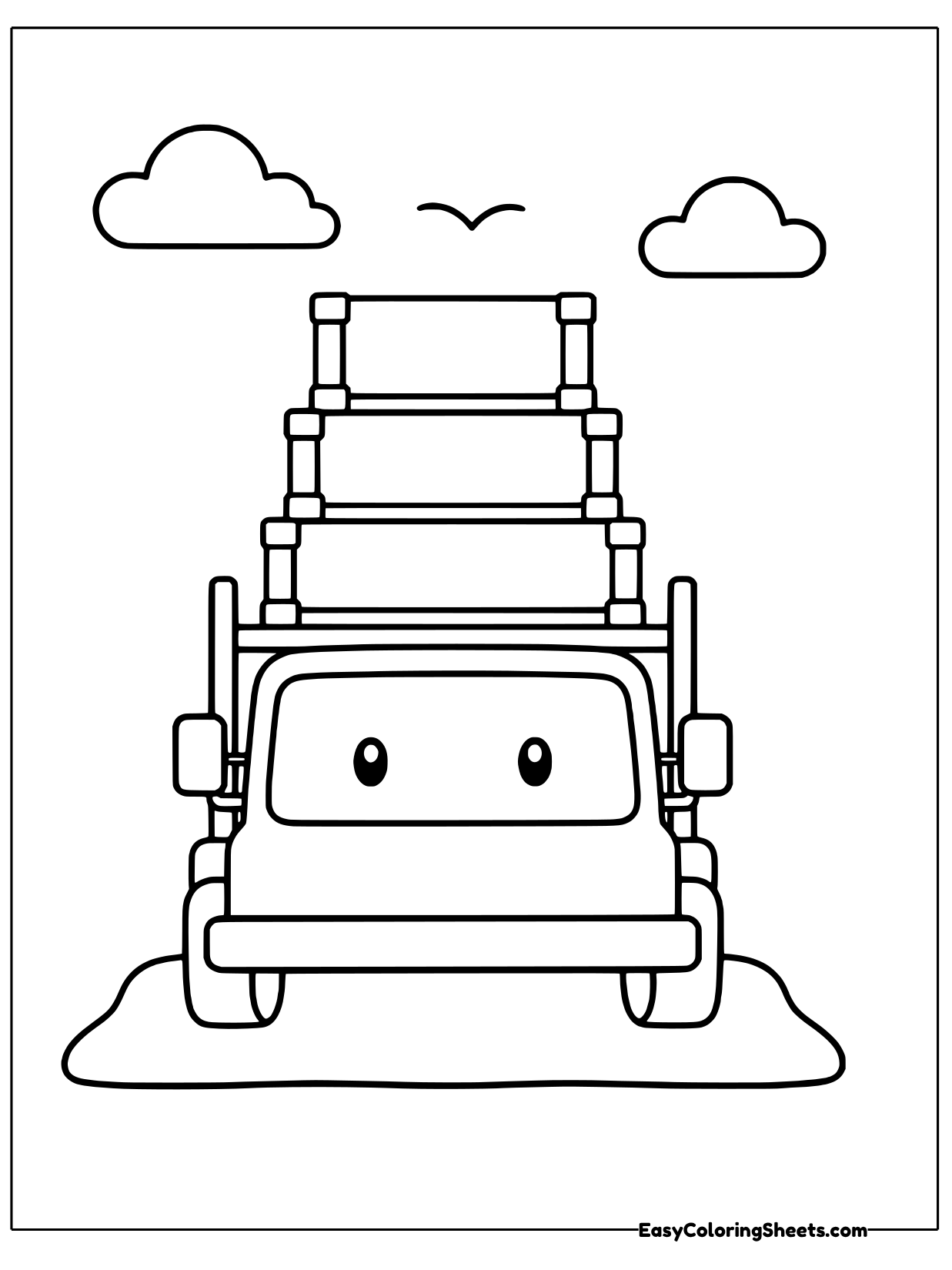 A flatbed truck with a smiling face carries a tall stack of boxes strapped onto its back.
