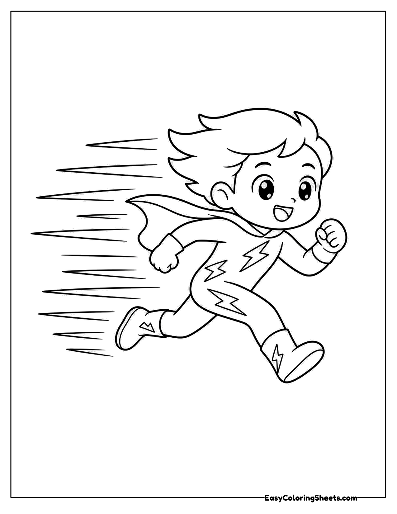 Superhero kid running fast with speed lines behind him