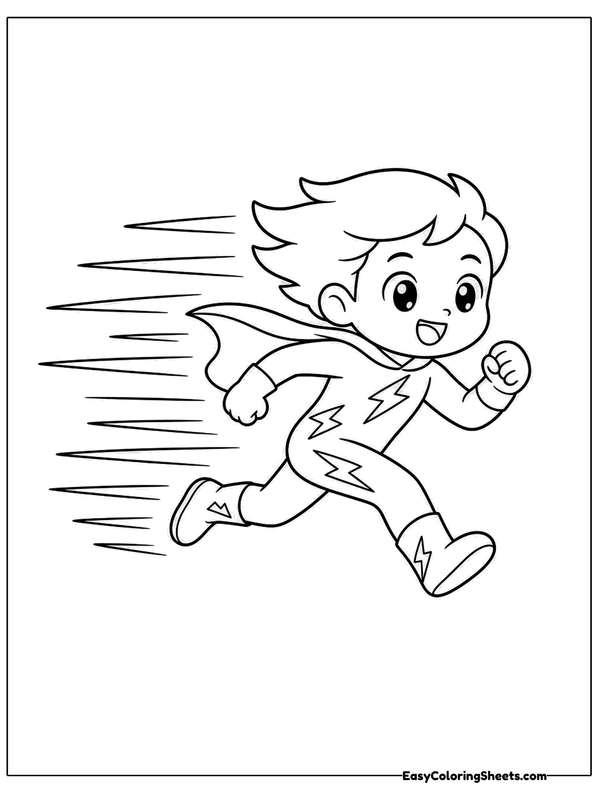 This cheerful hero sprints across the page while long streaks trail behind to show his speed.
