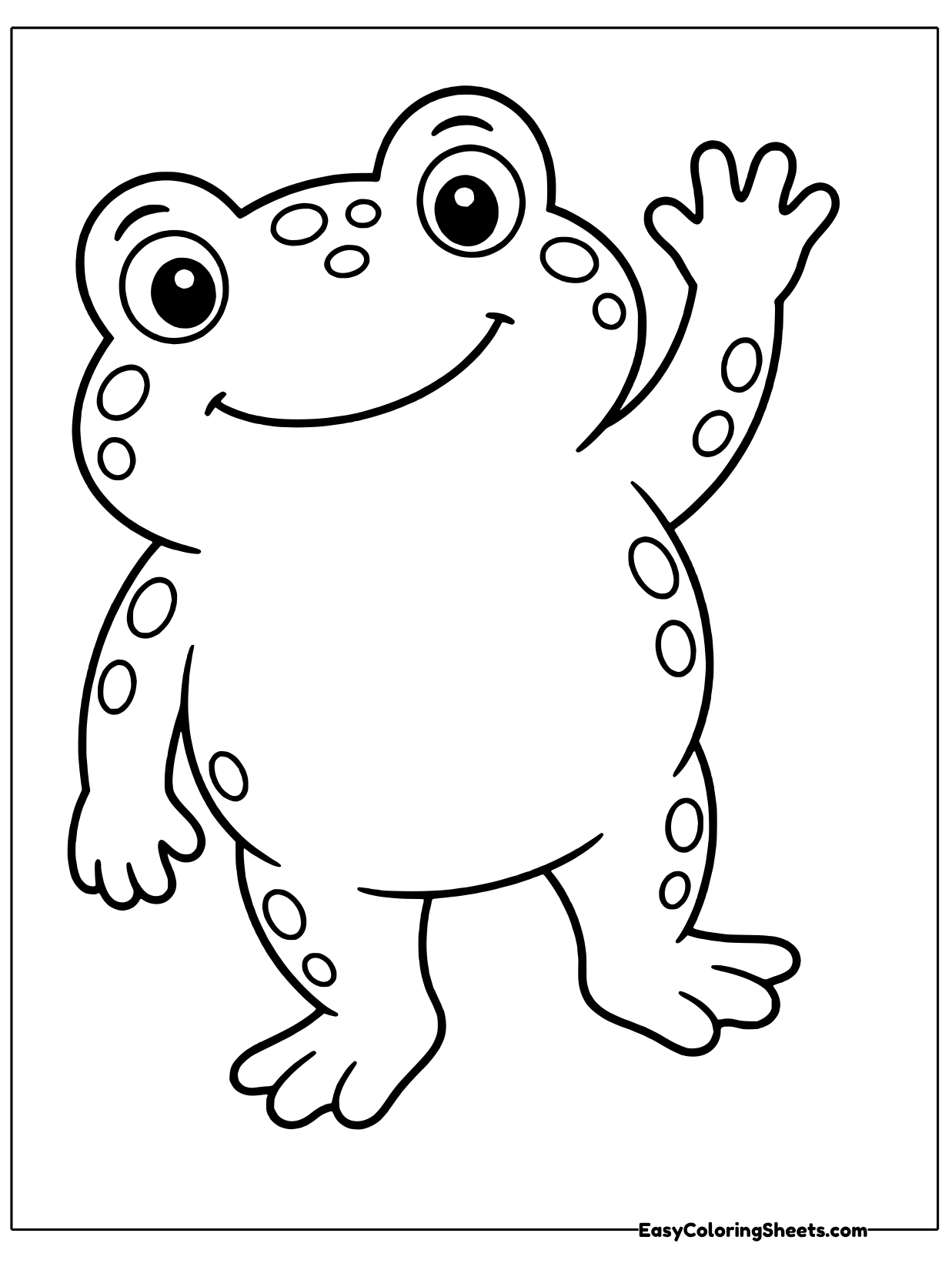 A cheerful toad stands on its webbed feet and waves hello with one hand, its round body covered in bumpy spots.