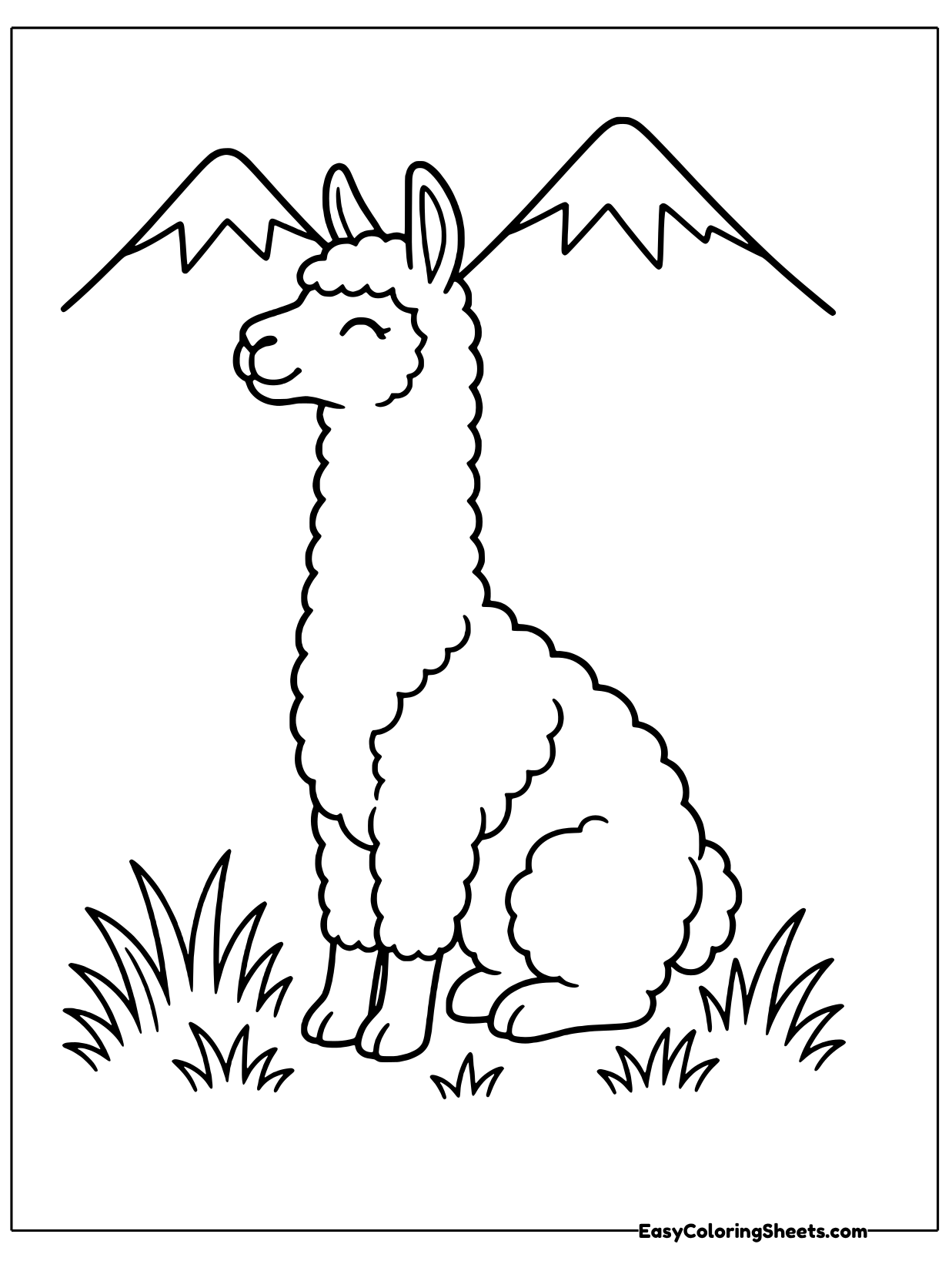A fluffy llama sits with a happy closed-eye smile while two pointed mountain peaks rise behind it.