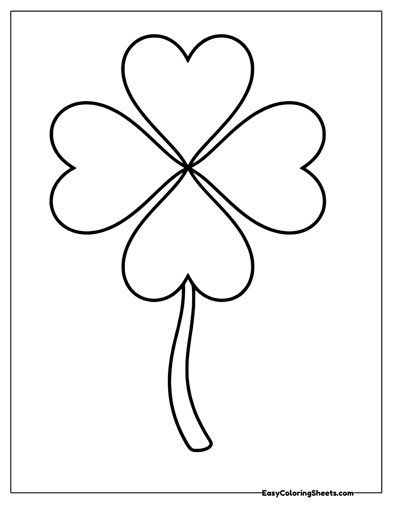 Large four-leaf clover outline with heart-shaped leaves and a curved stem
