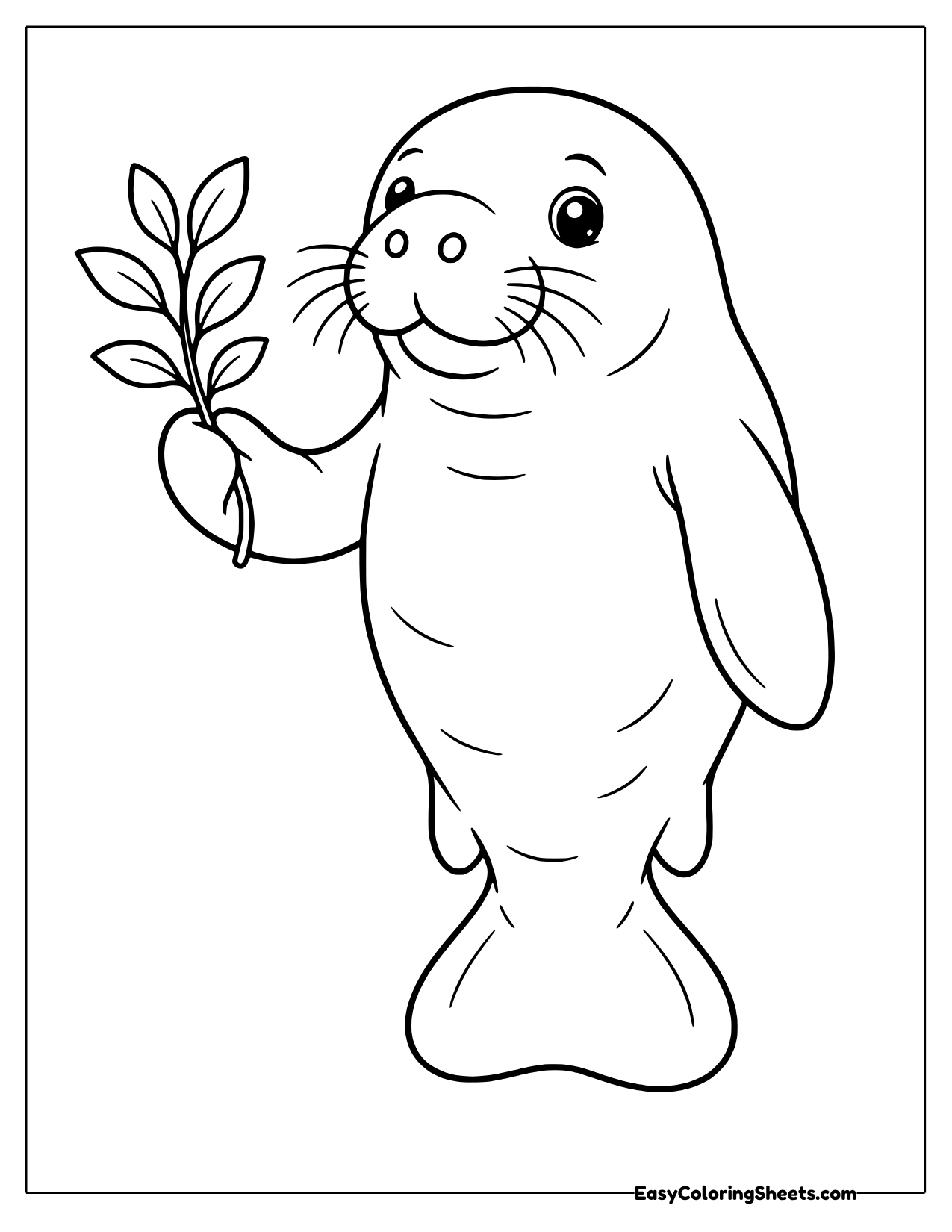 Upright manatee holding a sprig of seagrass