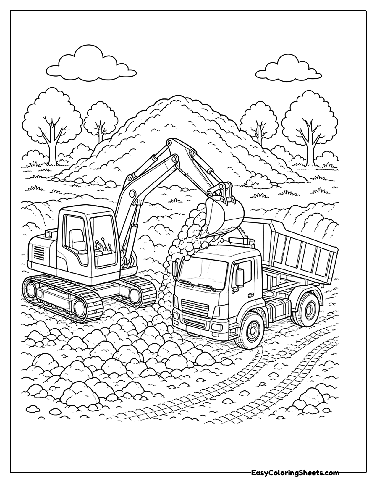Excavator loading dirt into a dump truck