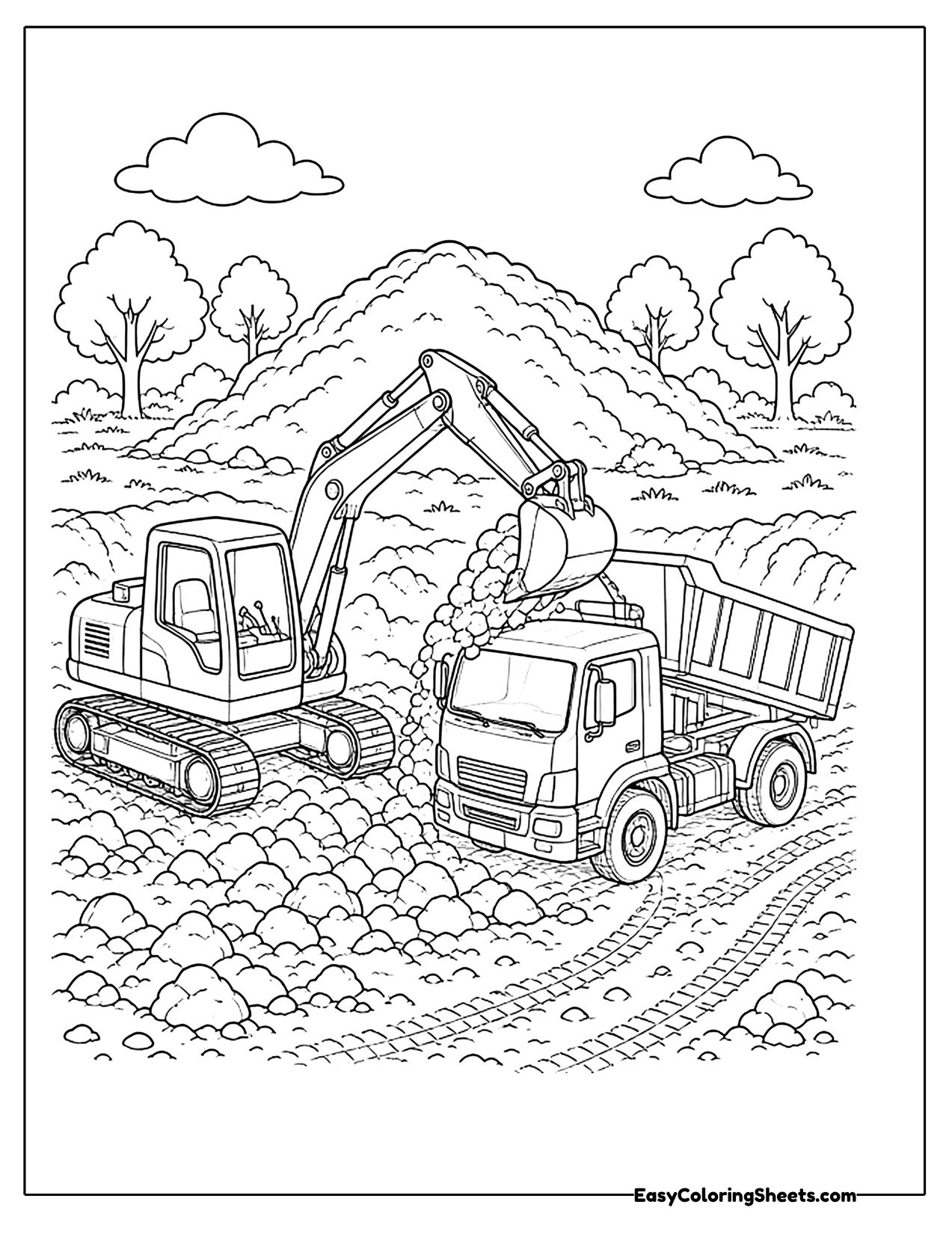 Excavator loading dirt into a dump truck