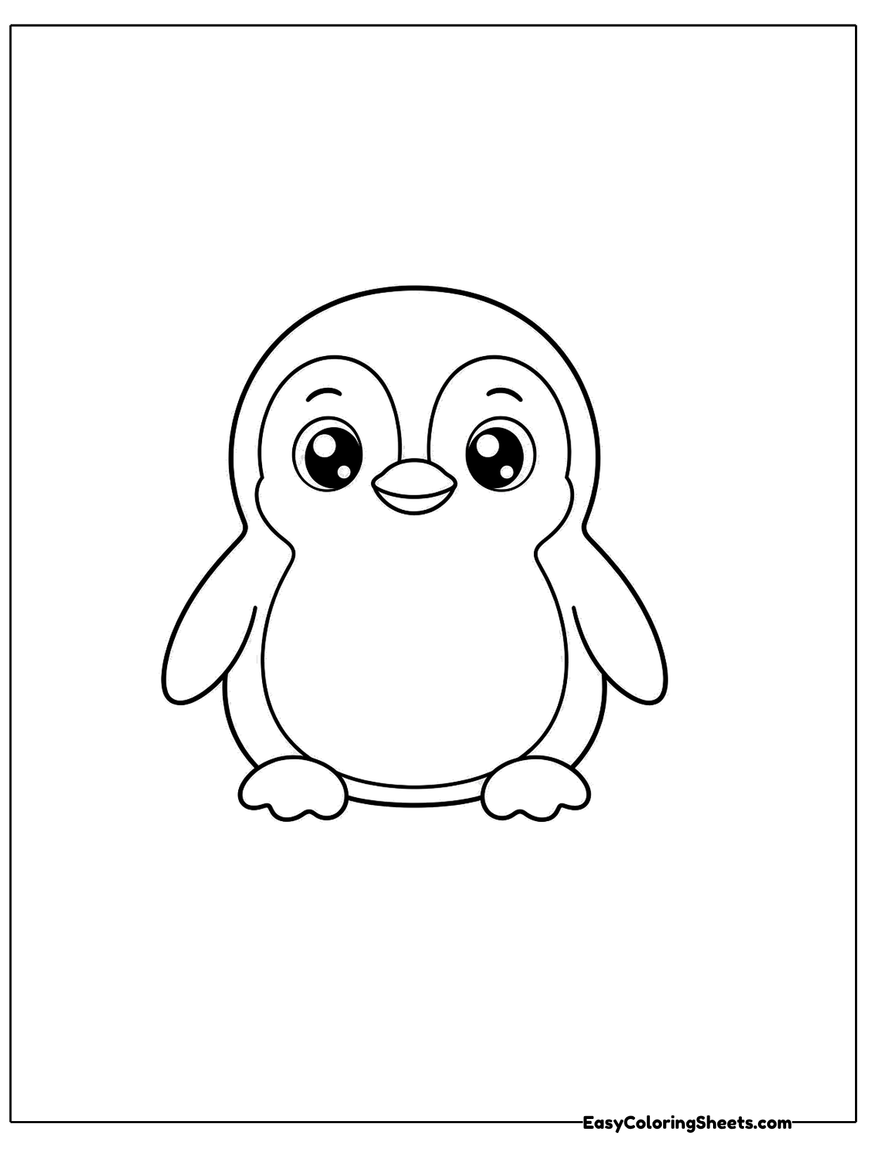 A chubby penguin stands with a round body, flippers at its sides and a white belly.