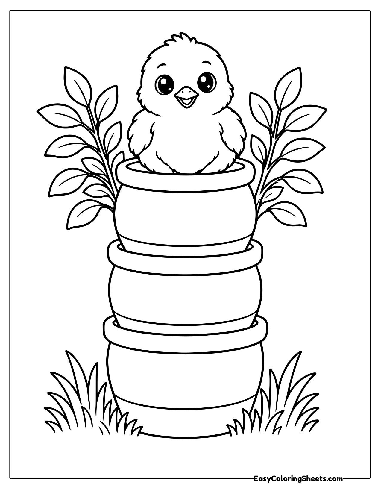 Chick sitting in stacked flower pots