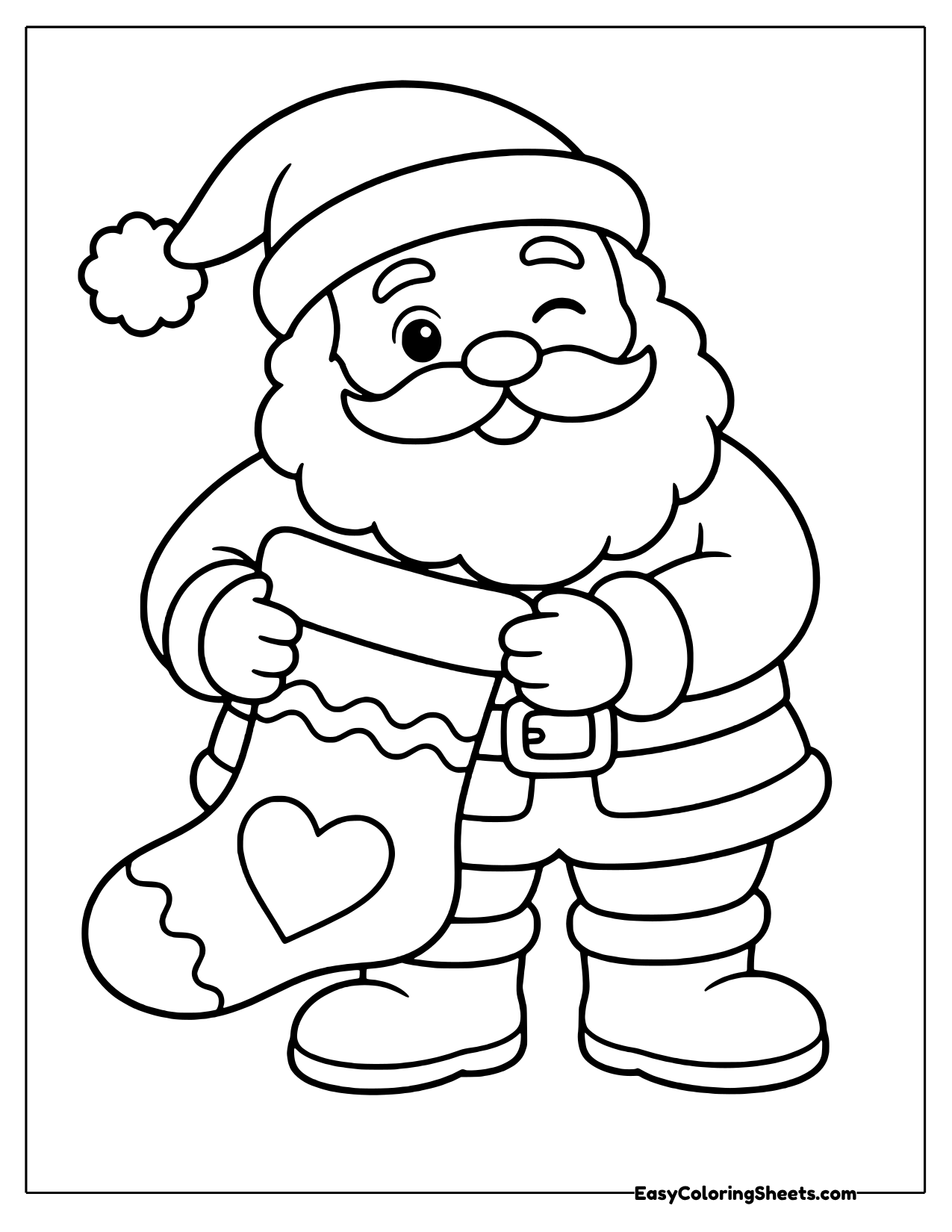 Santa holding a stocking decorated with a heart