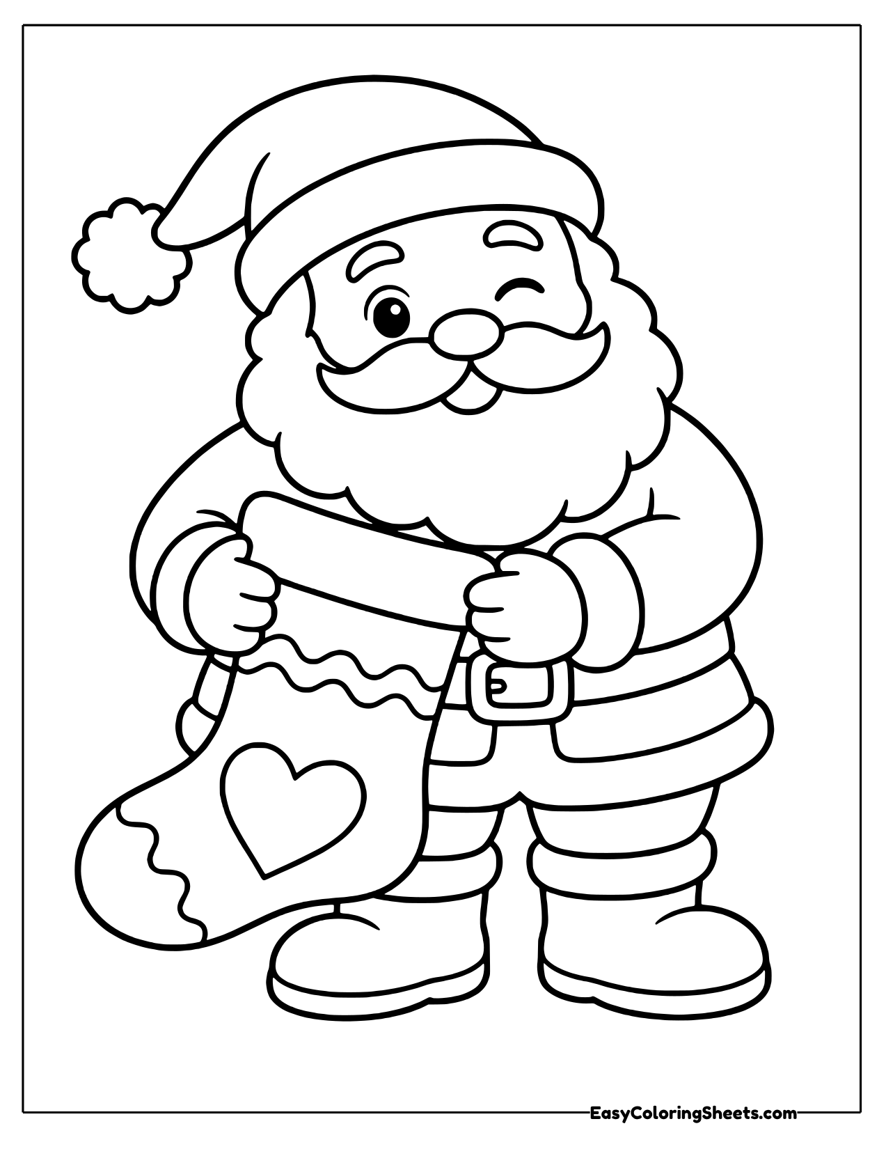 Santa holding a stocking decorated with a heart