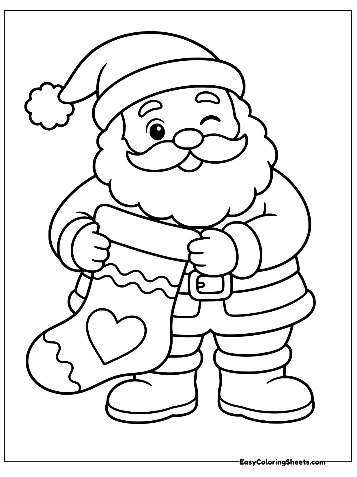 Santa holds a stocking decorated with a heart, maybe ready to fill it with treats.