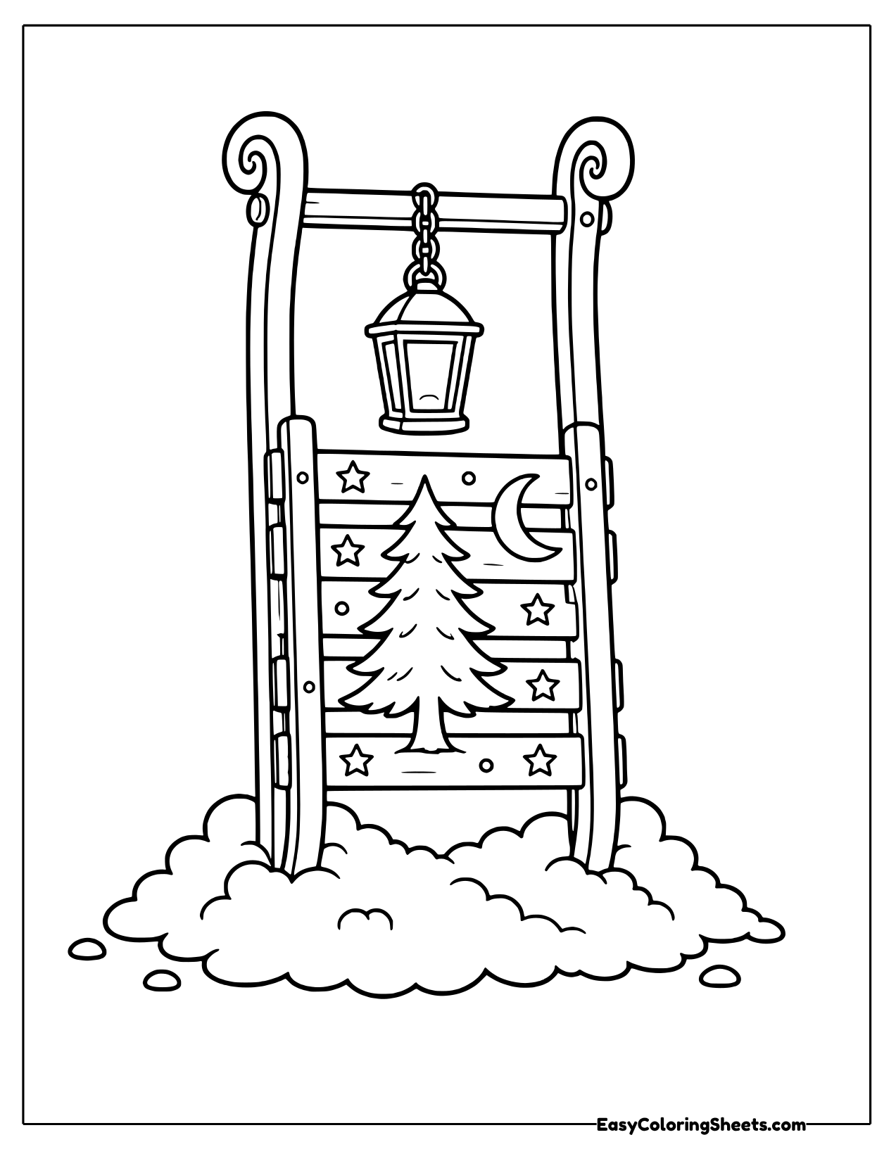Upright sled with a lantern, pine tree and moon