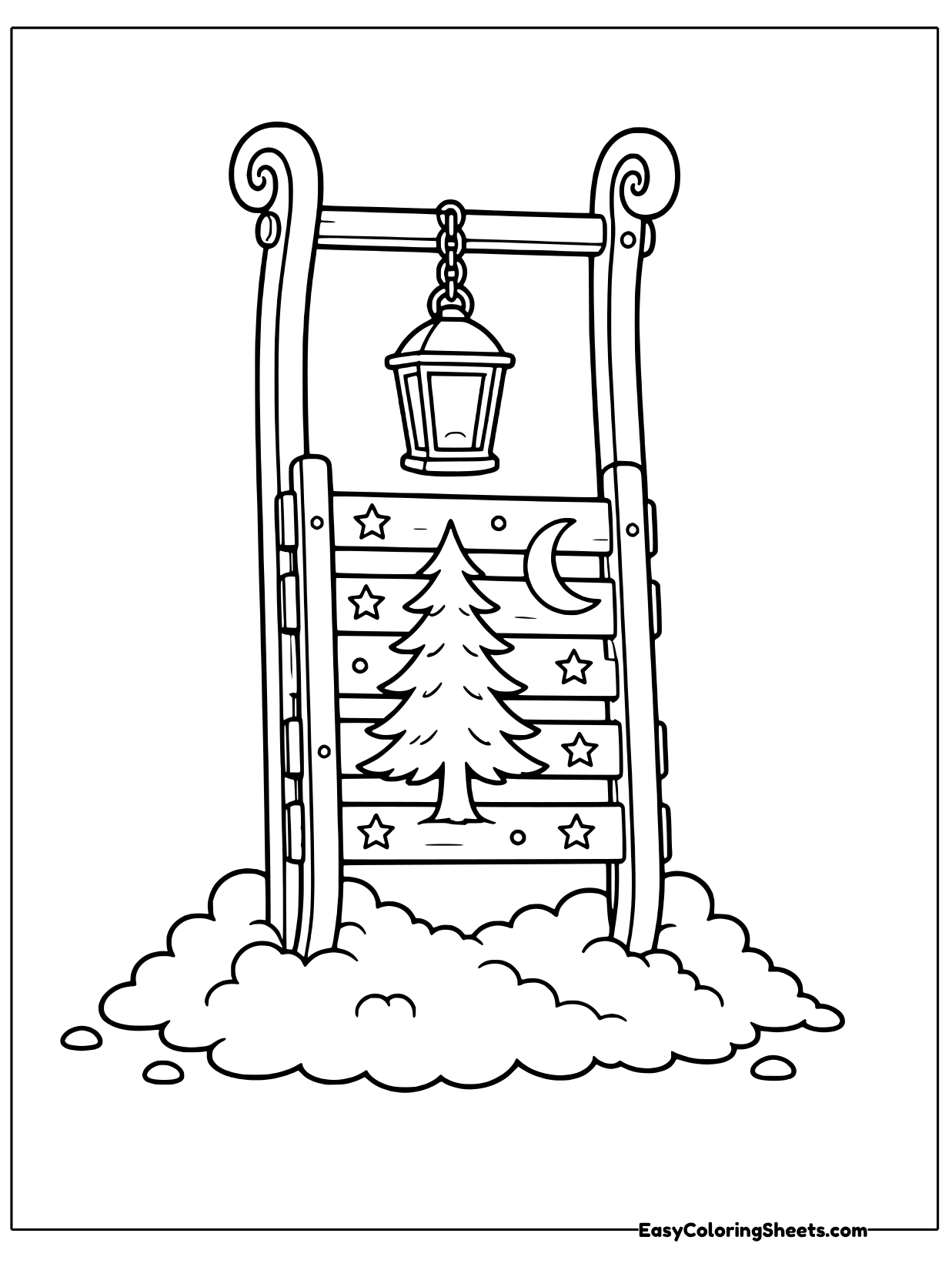 A wooden sled stands in the snow with a small lantern hanging at the top and a pine tree.
