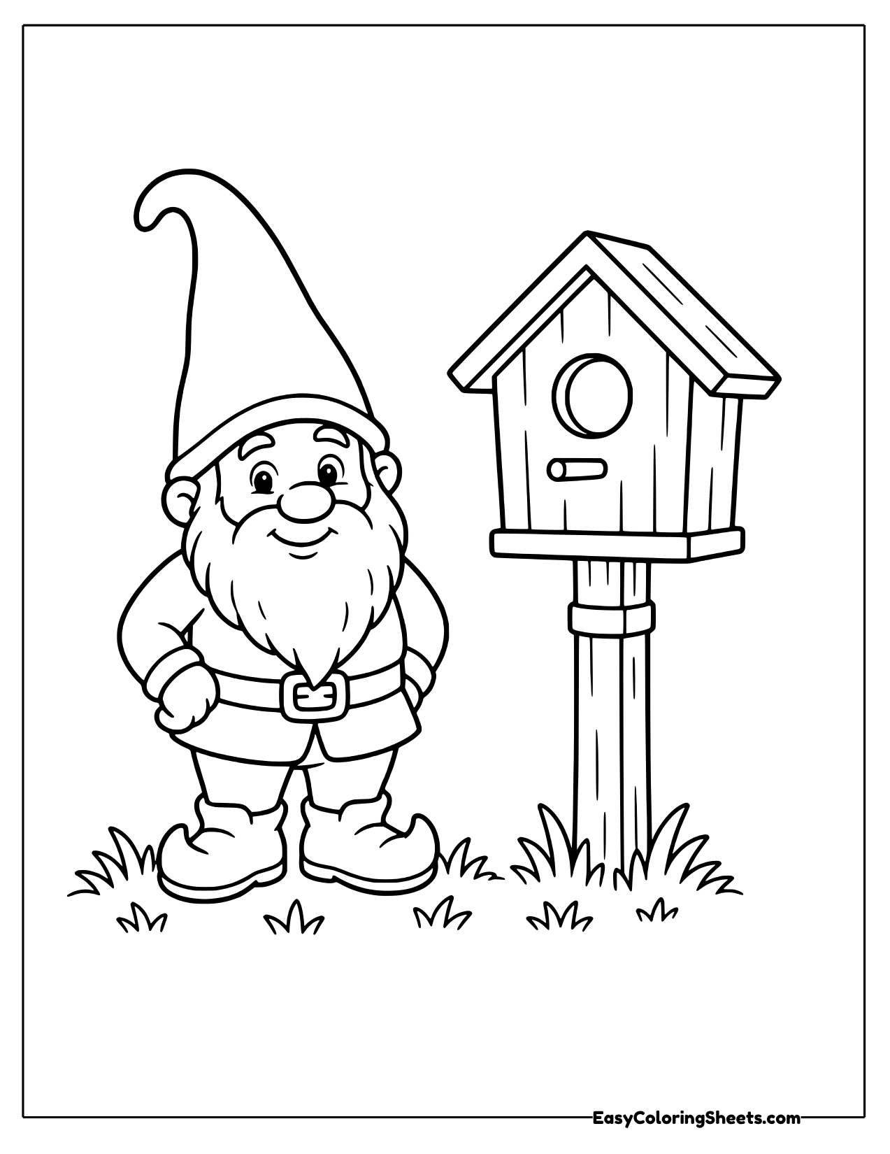 Gnome standing next to a wooden birdhouse on a post