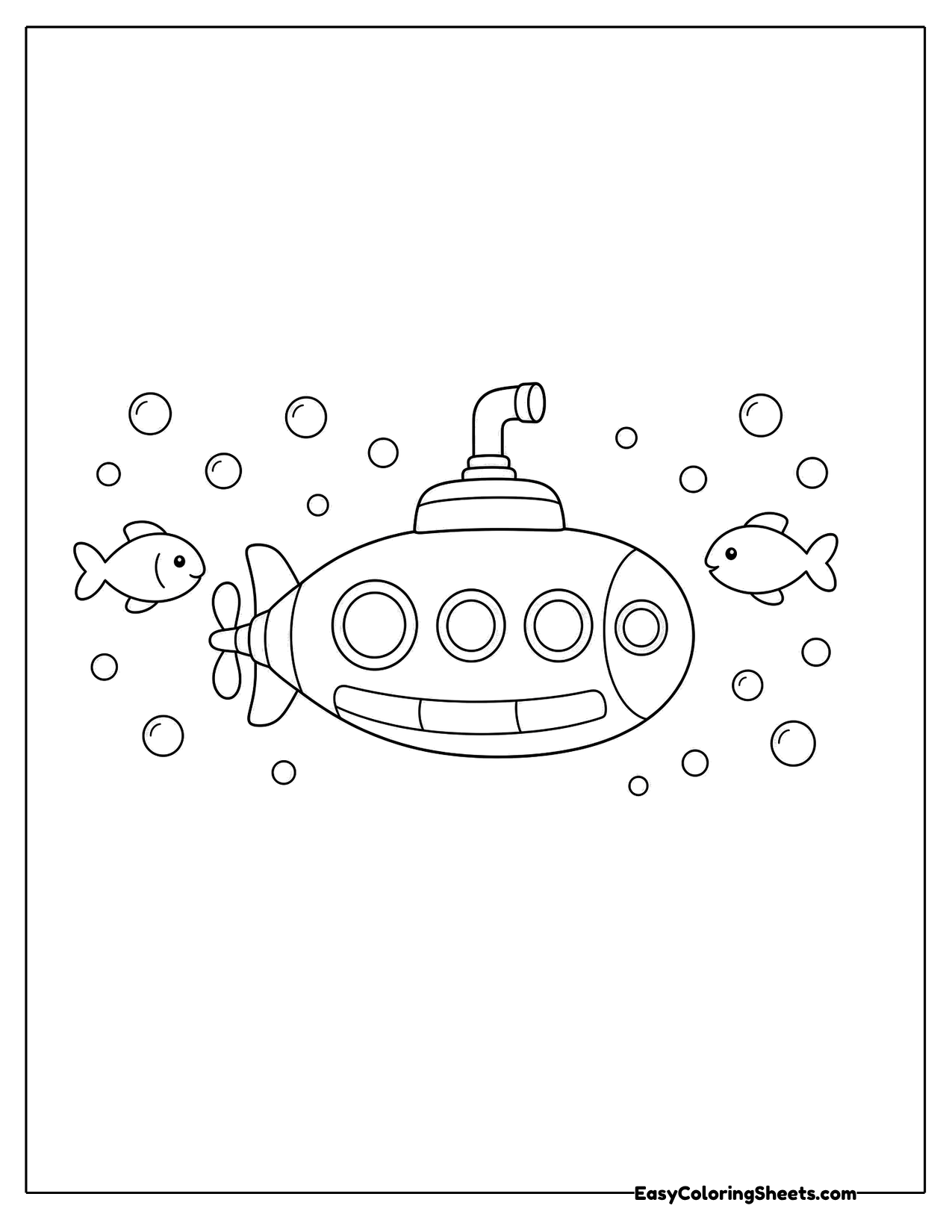 Submarine swimming among fish and bubbles