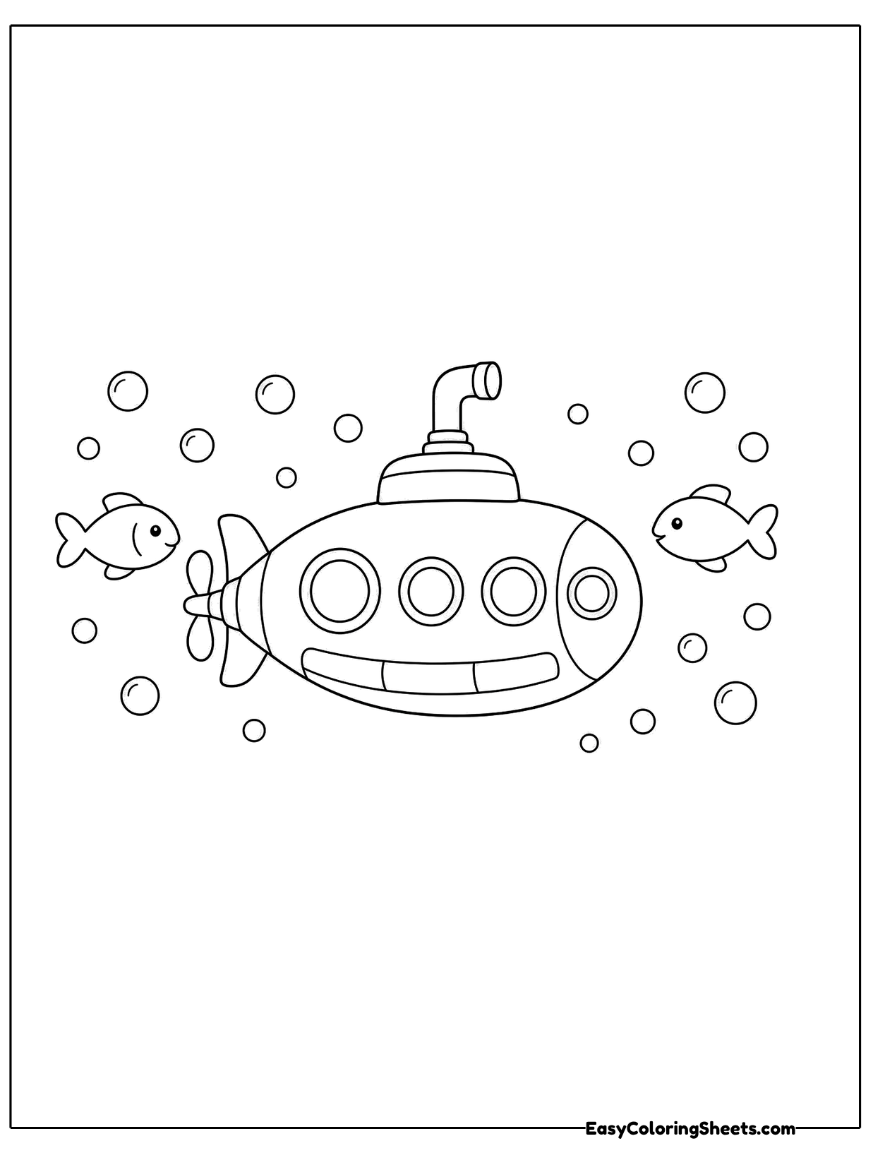 A submarine with portholes cruises through the sea while small fish swim nearby and bubbles float around.