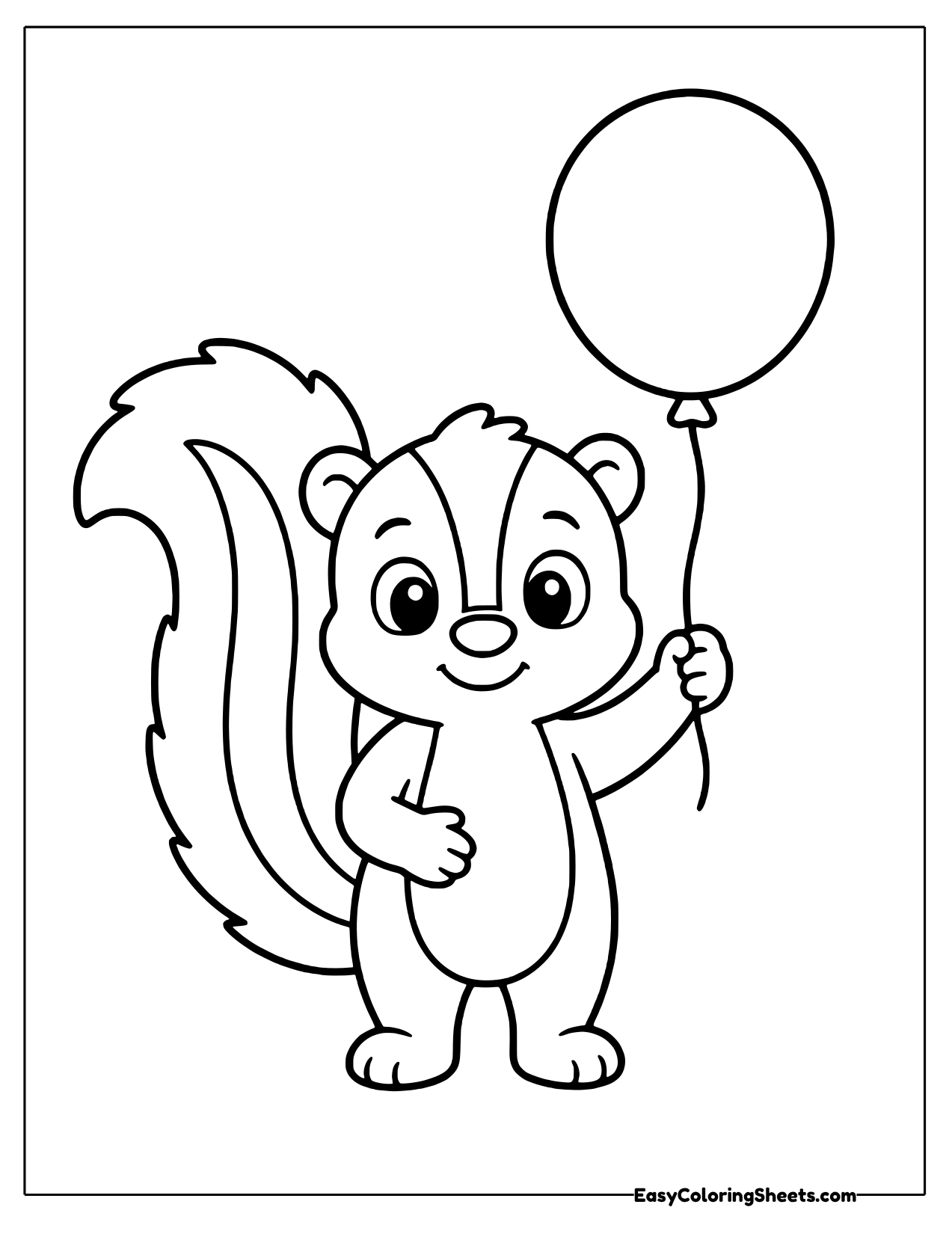 Friendly skunk with a striped tail holding a round balloon