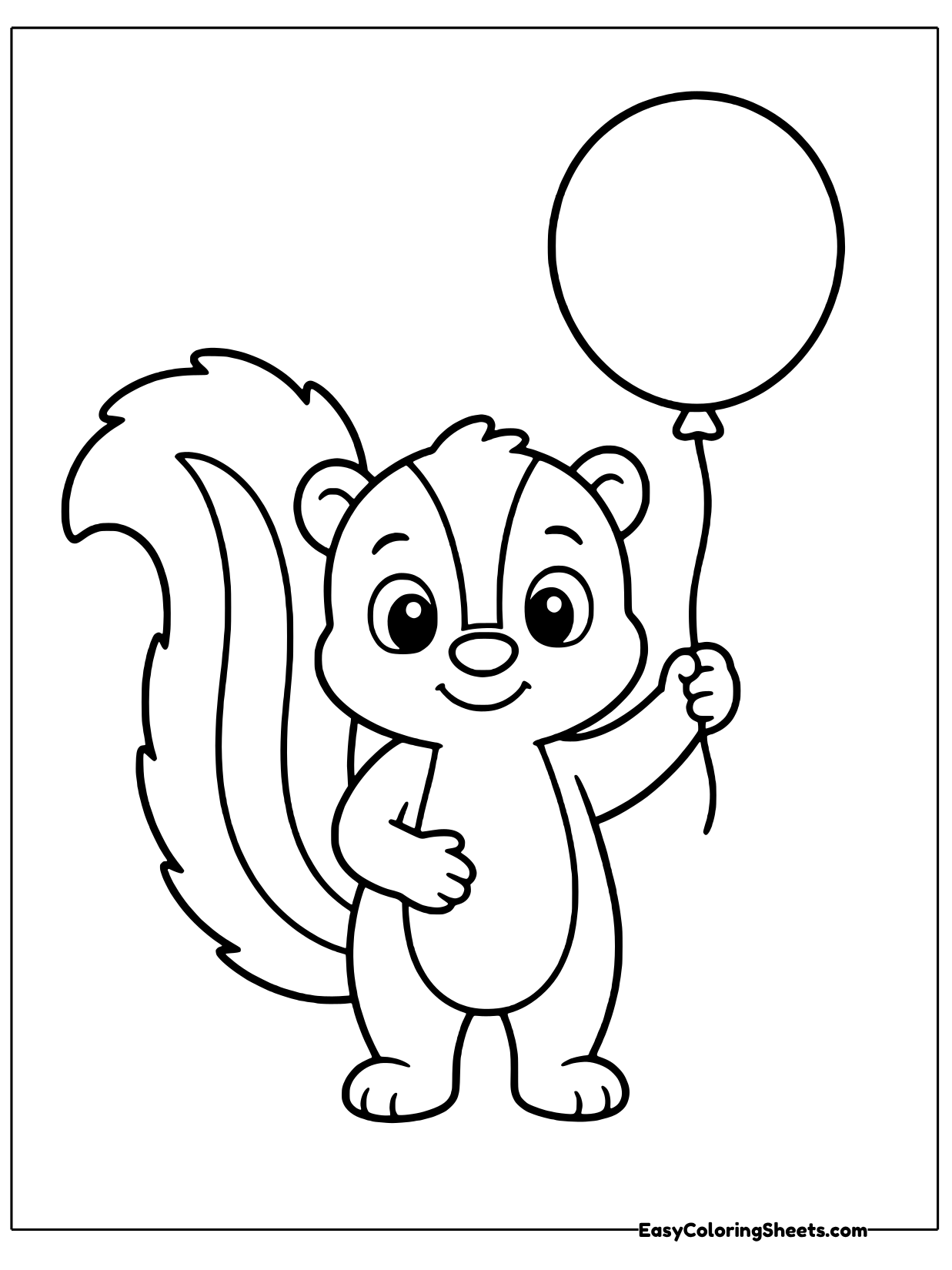 A friendly skunk with a big fluffy striped tail holds the string of a round balloon floating above.