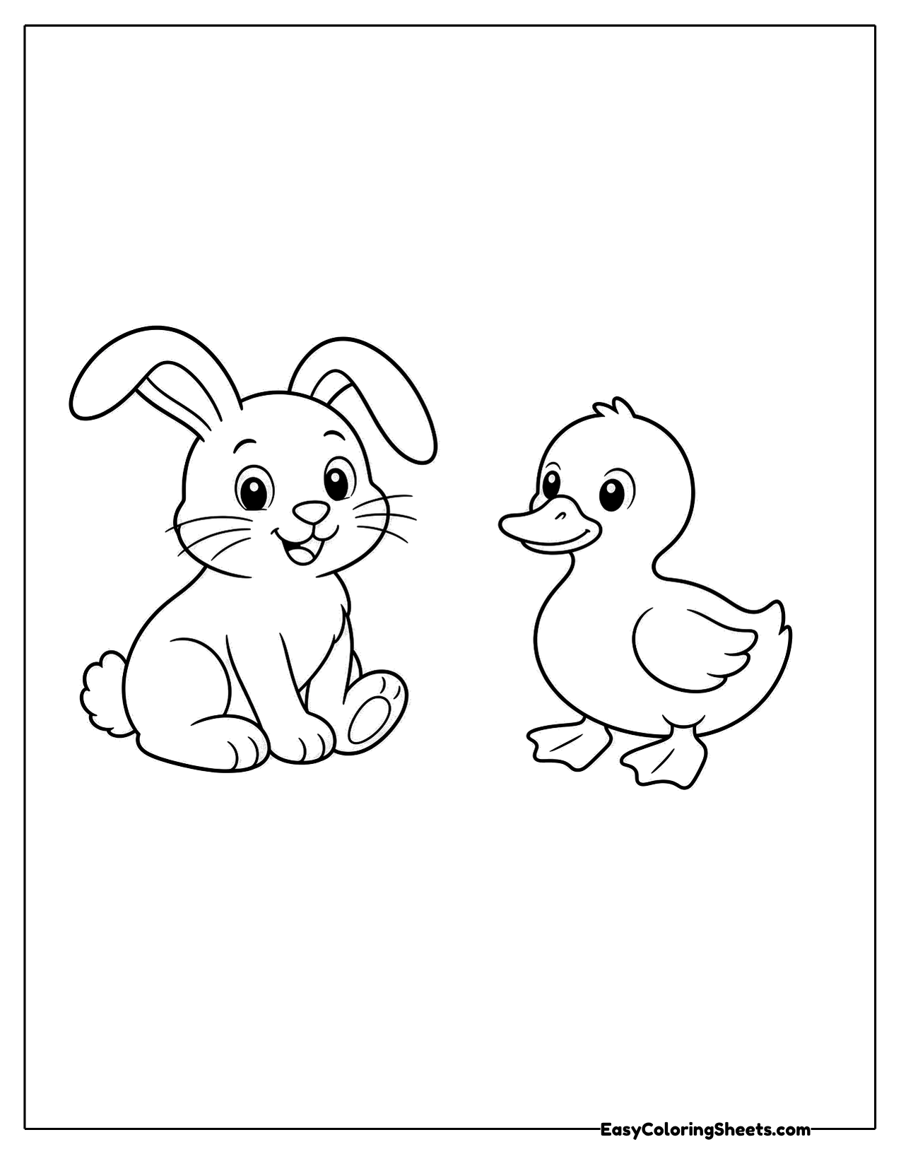 Smiling rabbit sitting next to a duckling