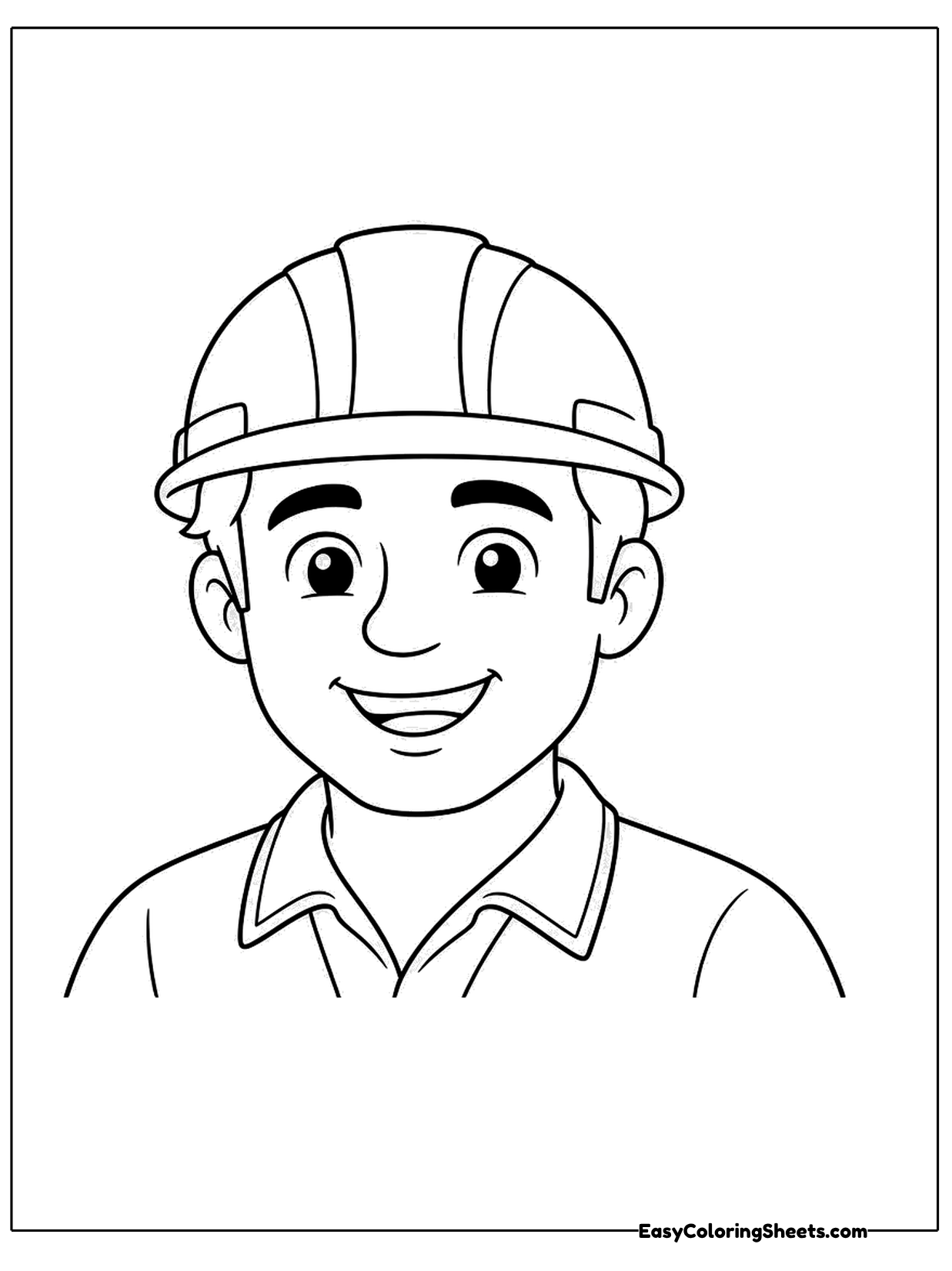 A smiling builder wearing a hard hat and a collared shirt looks out from the page.