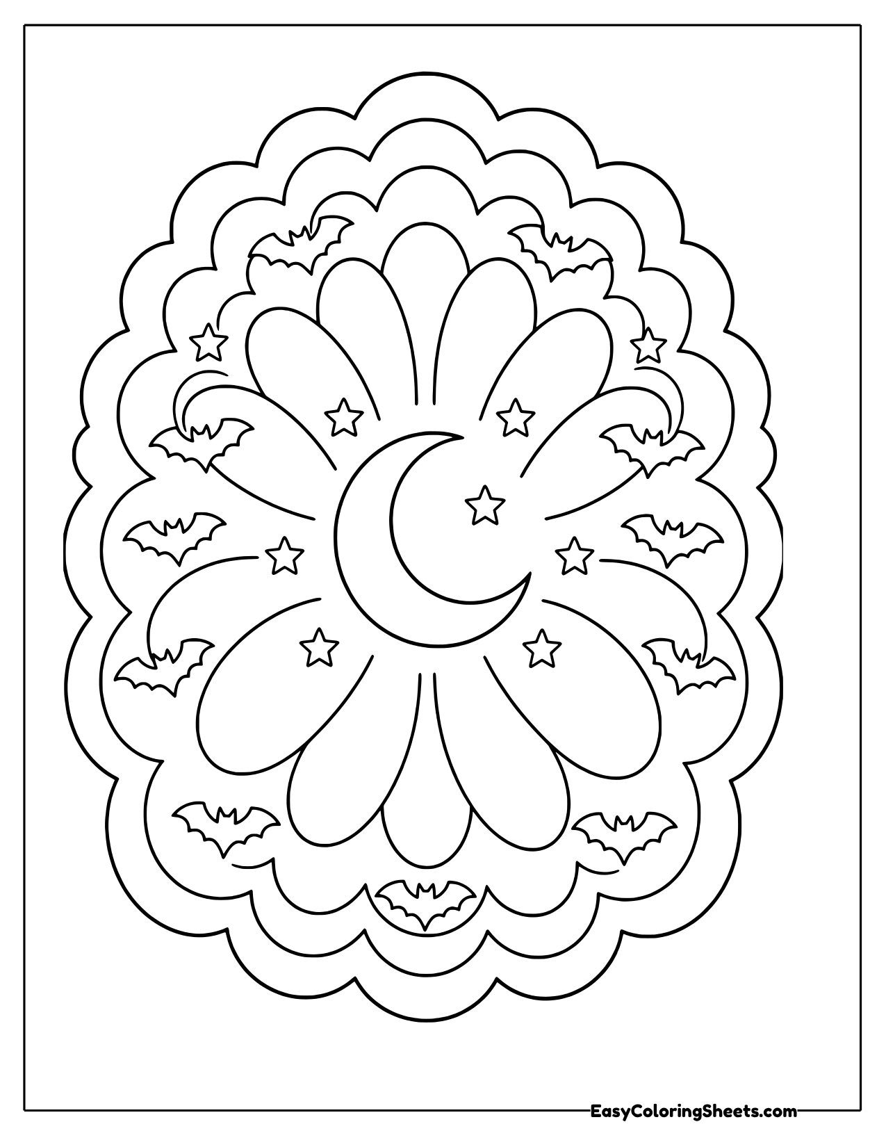 Scalloped oval mandala with wide petals, a central crescent moon, bats and stars