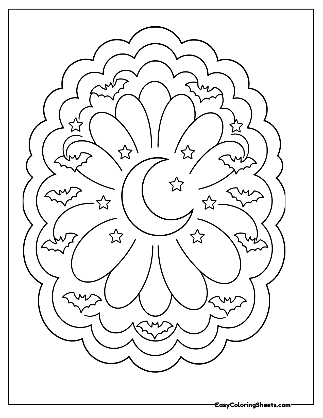Scalloped oval mandala with wide petals, a central crescent moon, bats and stars