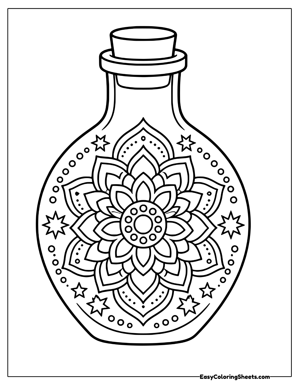 Round corked potion bottle with a large flower mandala and stars inside