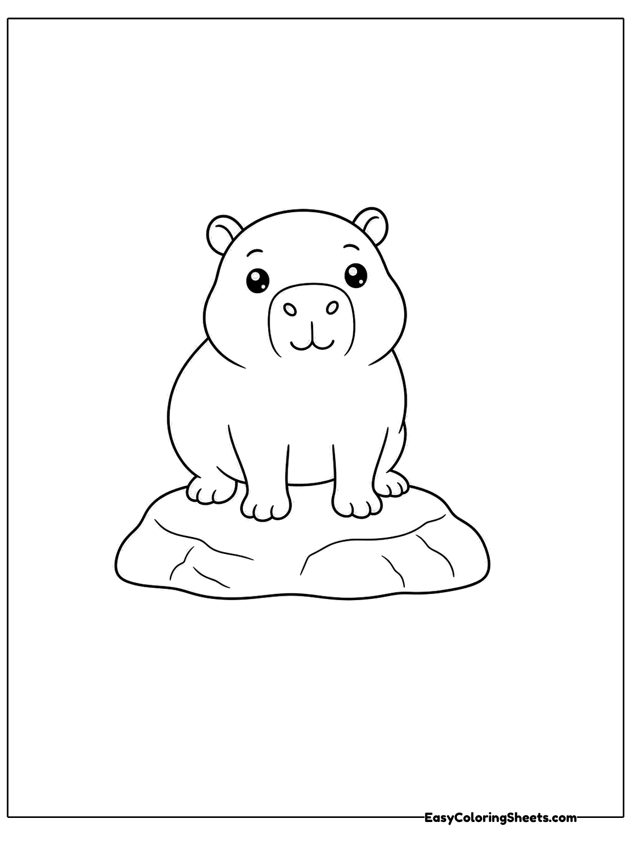 A capybara sits on top of a wide flat rock, facing forward with its paws together.