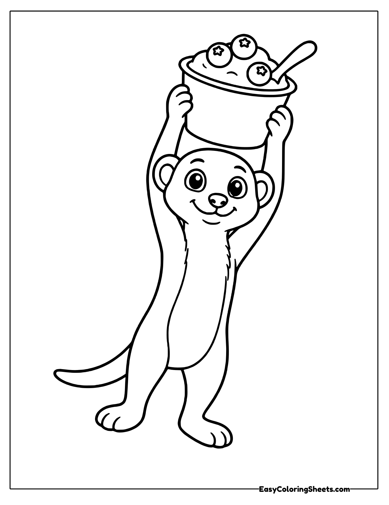 Smiling meerkat lifting a yogurt cup with blueberries and a spoon