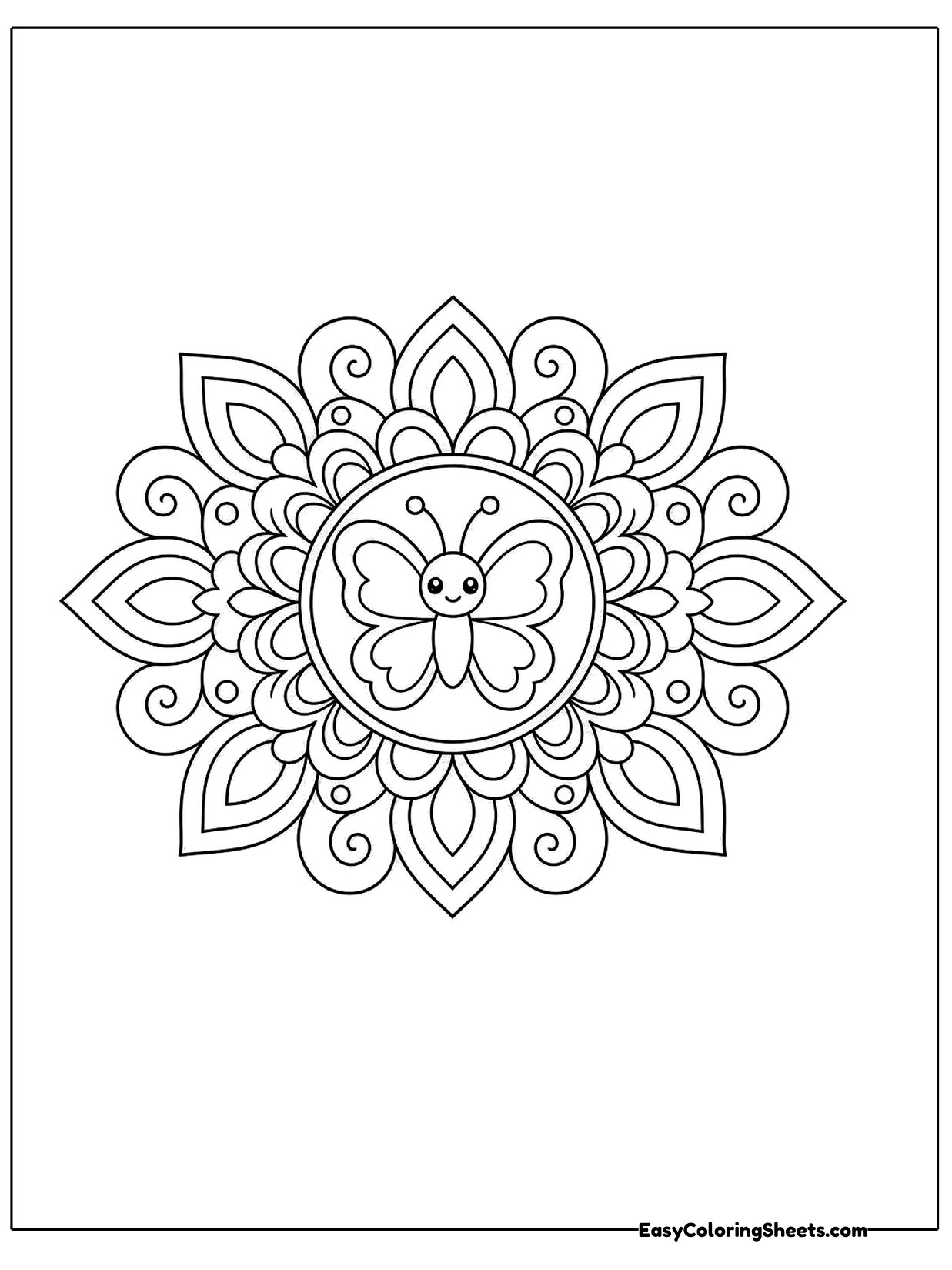 A butterfly sits in the middle of a round mandala of petals and leaves.