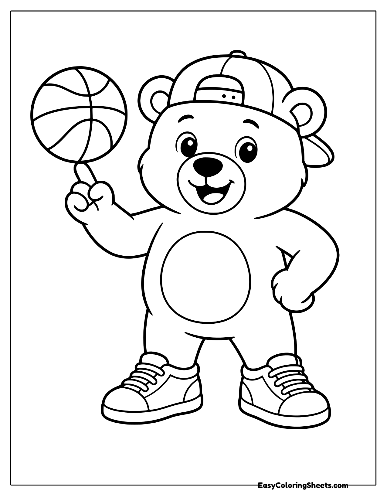 Cartoon bear in a backwards cap spinning a basketball on one finger