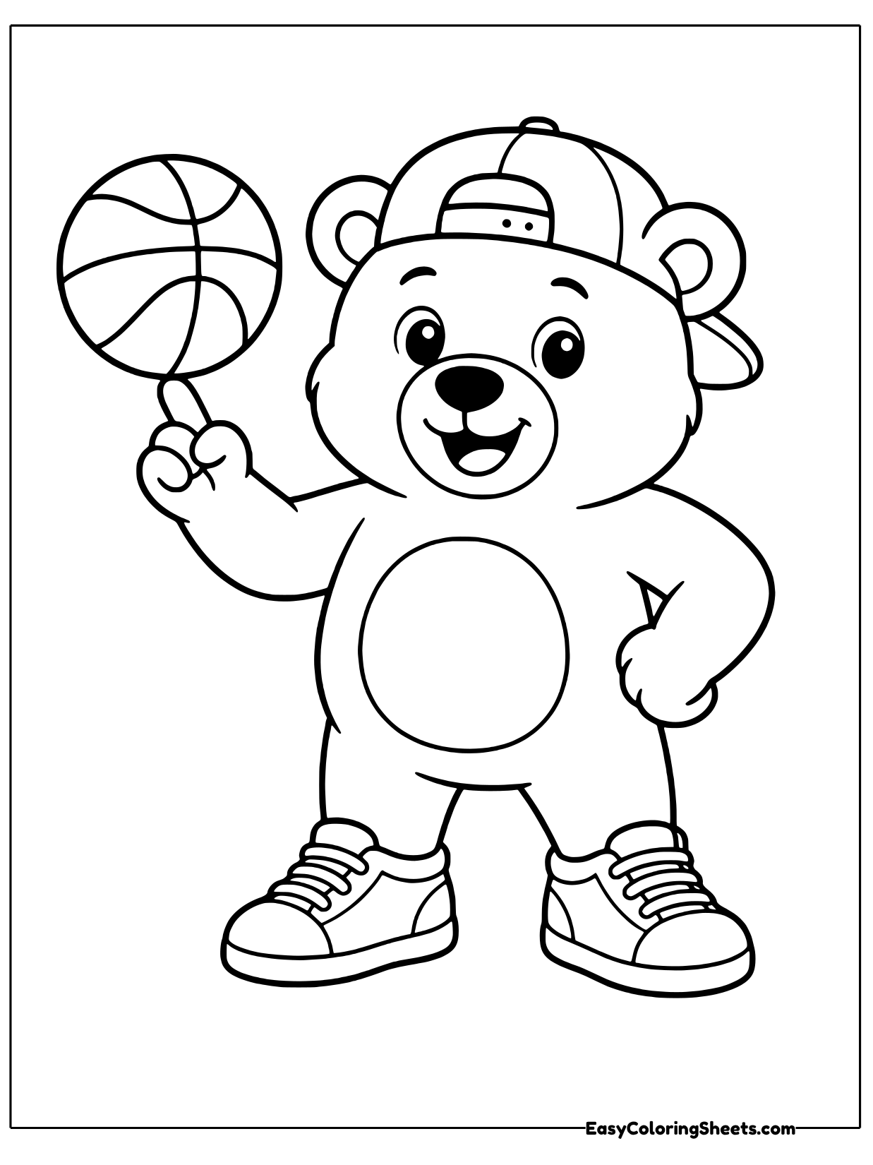 A cheerful cartoon bear in a backwards cap and sneakers spins a basketball on one finger like a trick shot pro.