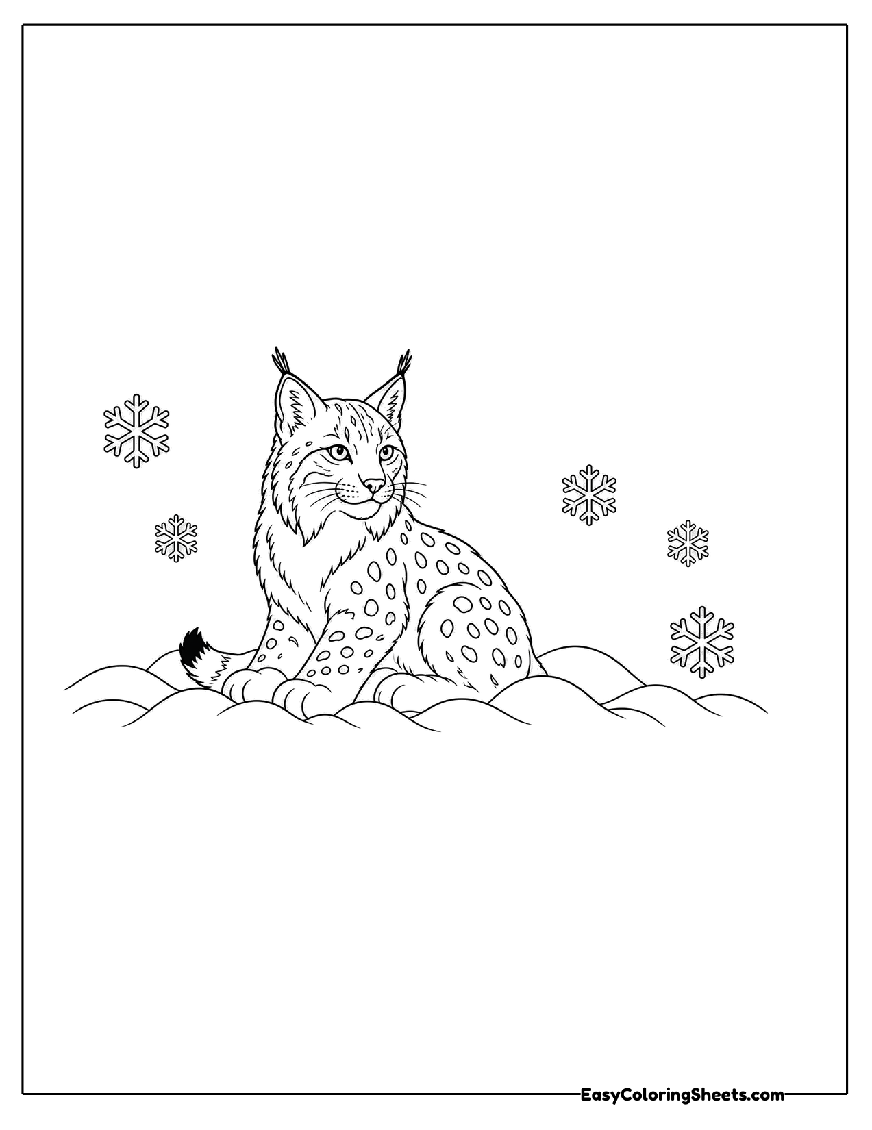 Lynx resting on snowy ground with snowflakes