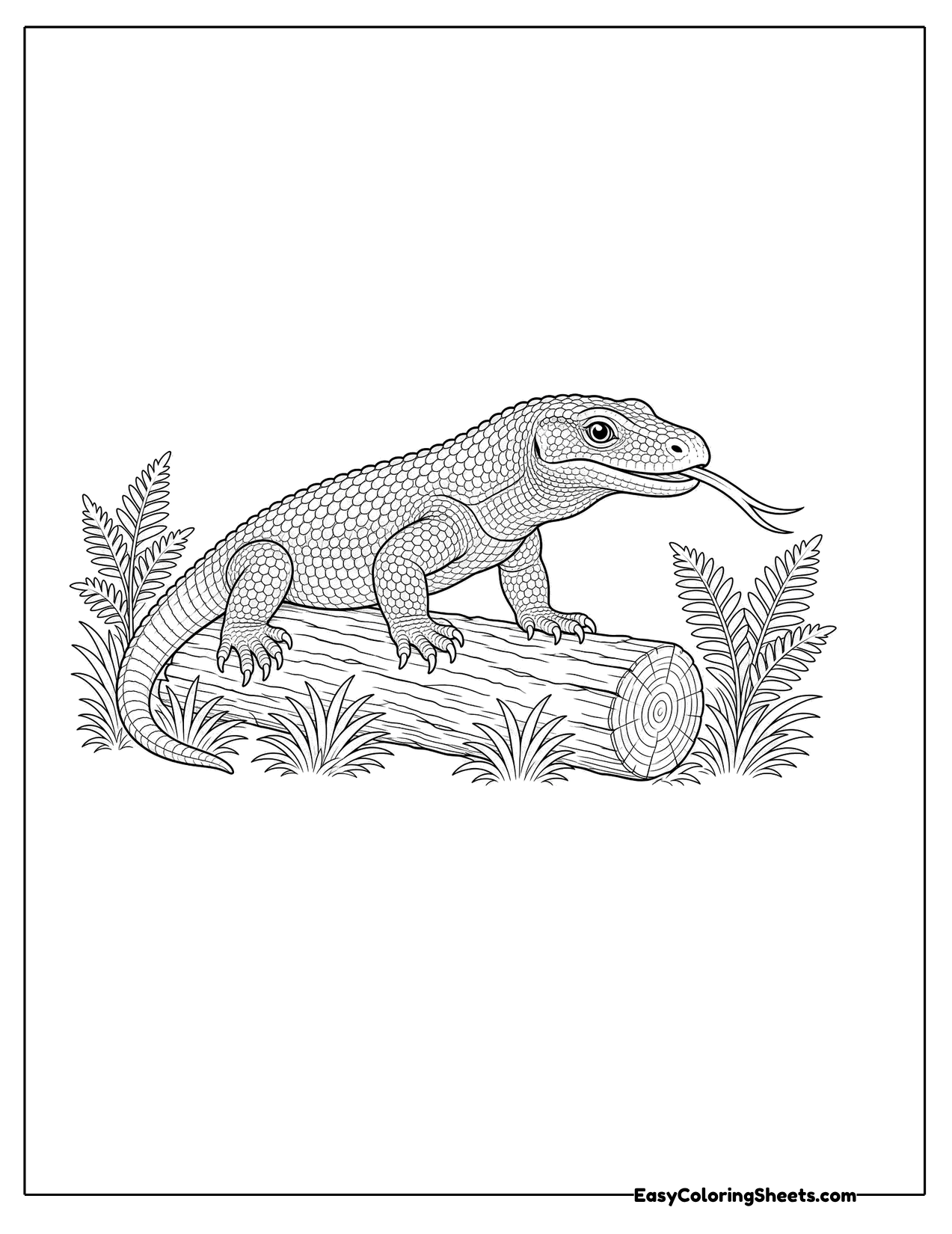 Komodo dragon flicking its tongue on a log