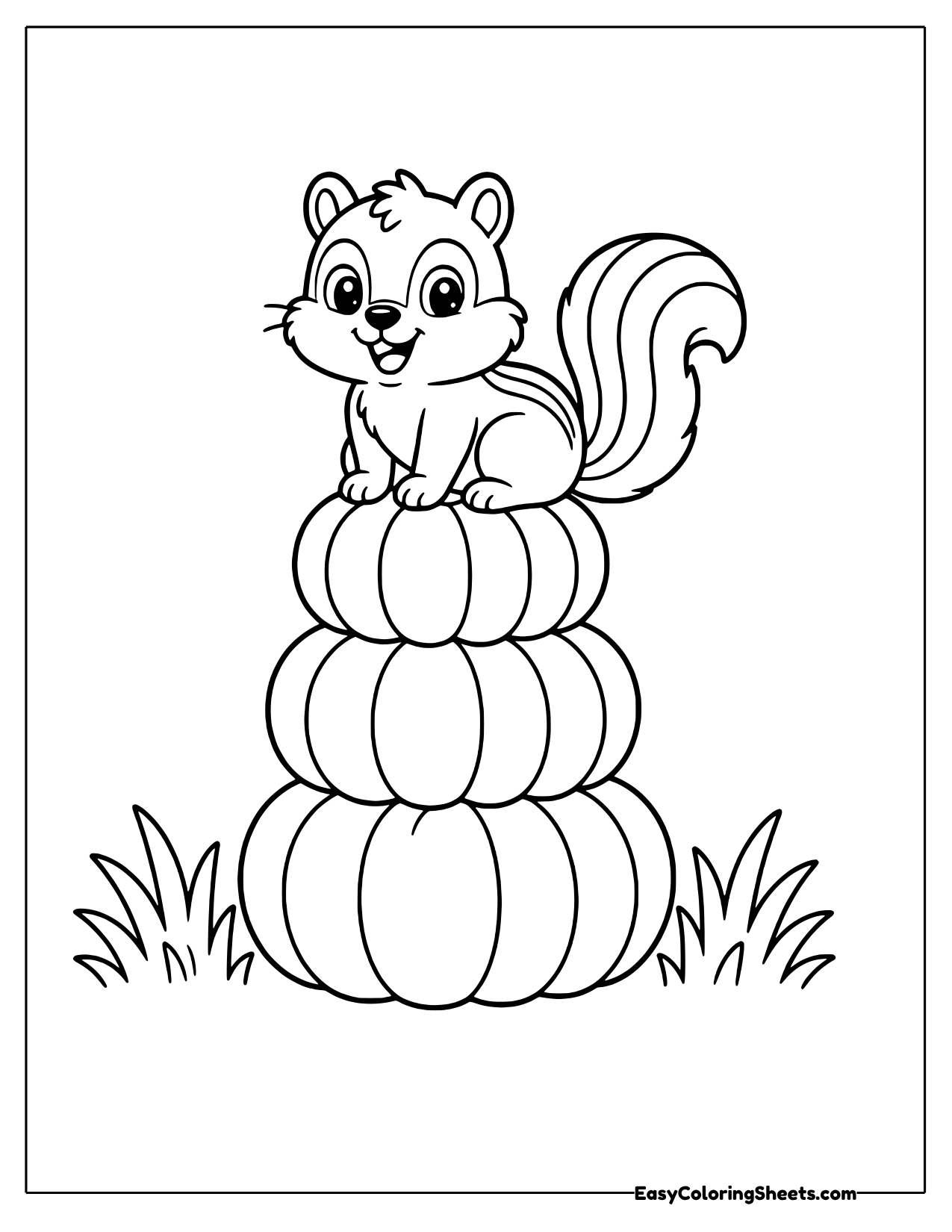 Chipmunk on top of three chunky pumpkins