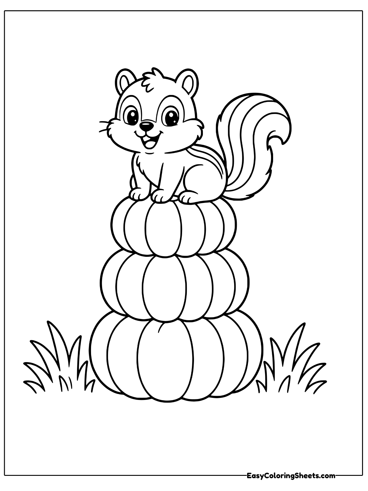 A chipmunk perches on a stack of three chunky pumpkins sitting in tall grass.