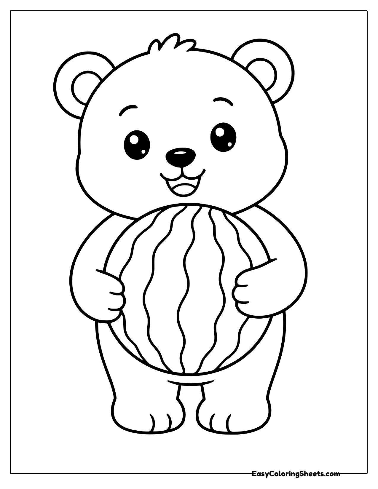 Bear hugging a big round striped watermelon