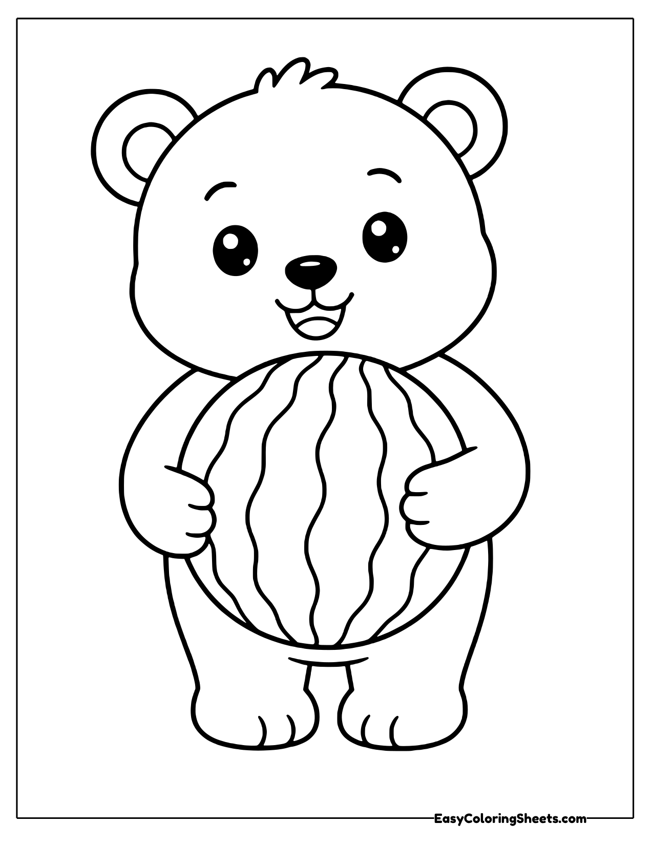Bear hugging a big round striped watermelon