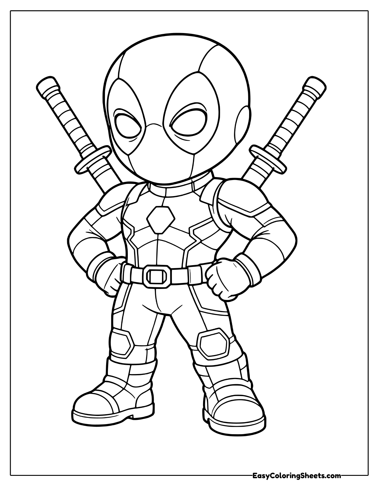 Deadpool standing in a hands on hips hero pose coloring page
