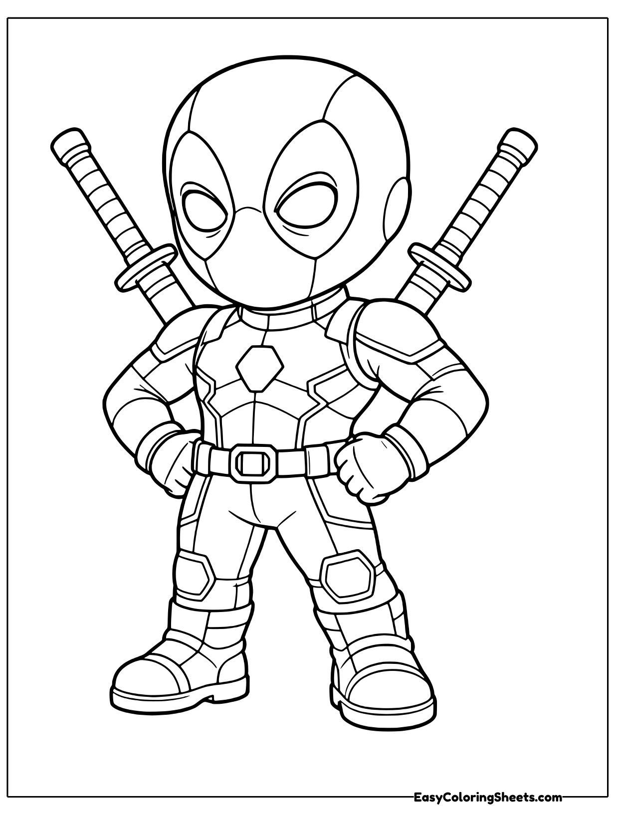 Deadpool stands tall in a bold hero pose with his fists planted on his hips and two sword handles crossing behind his.