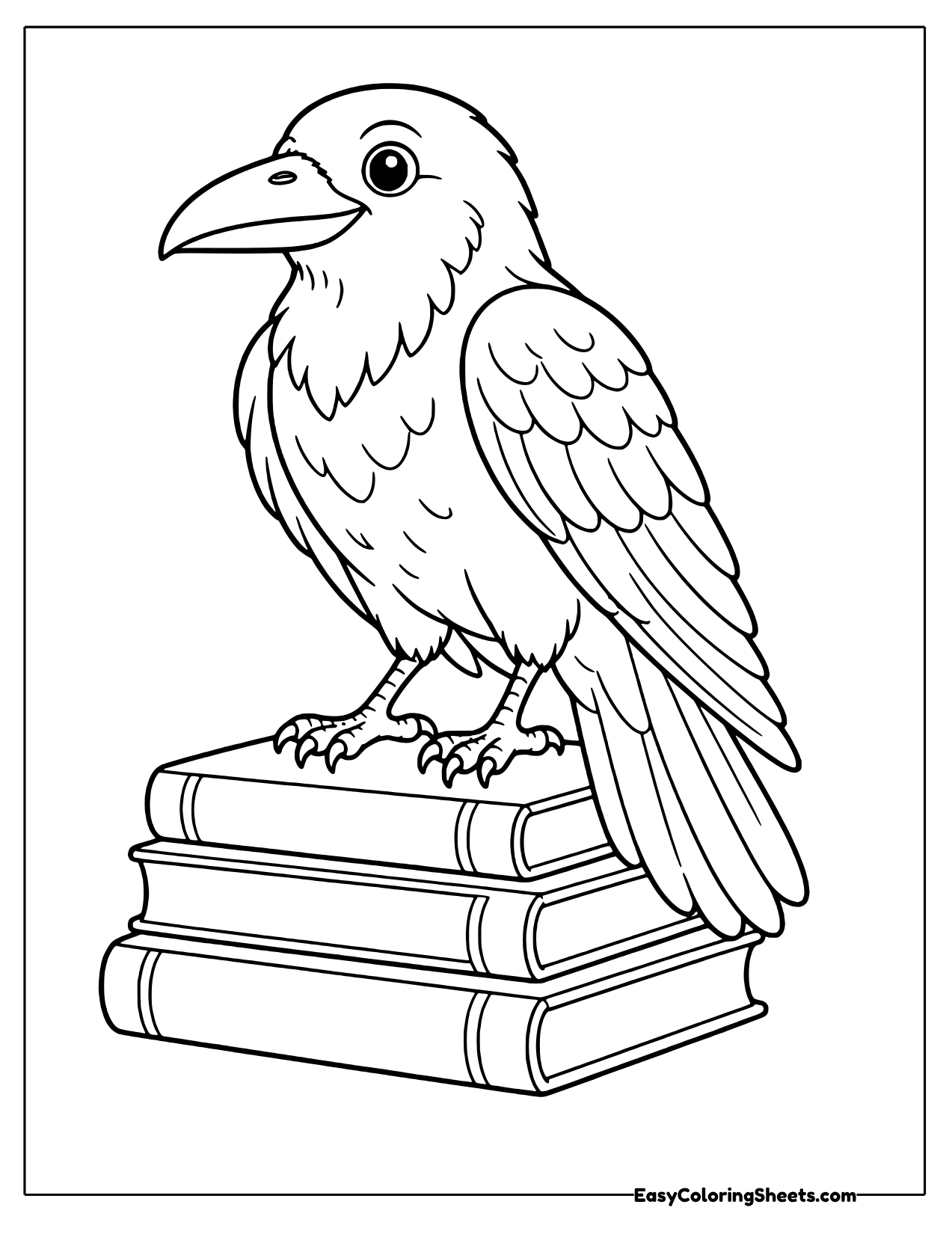 Raven perched on a stack of books