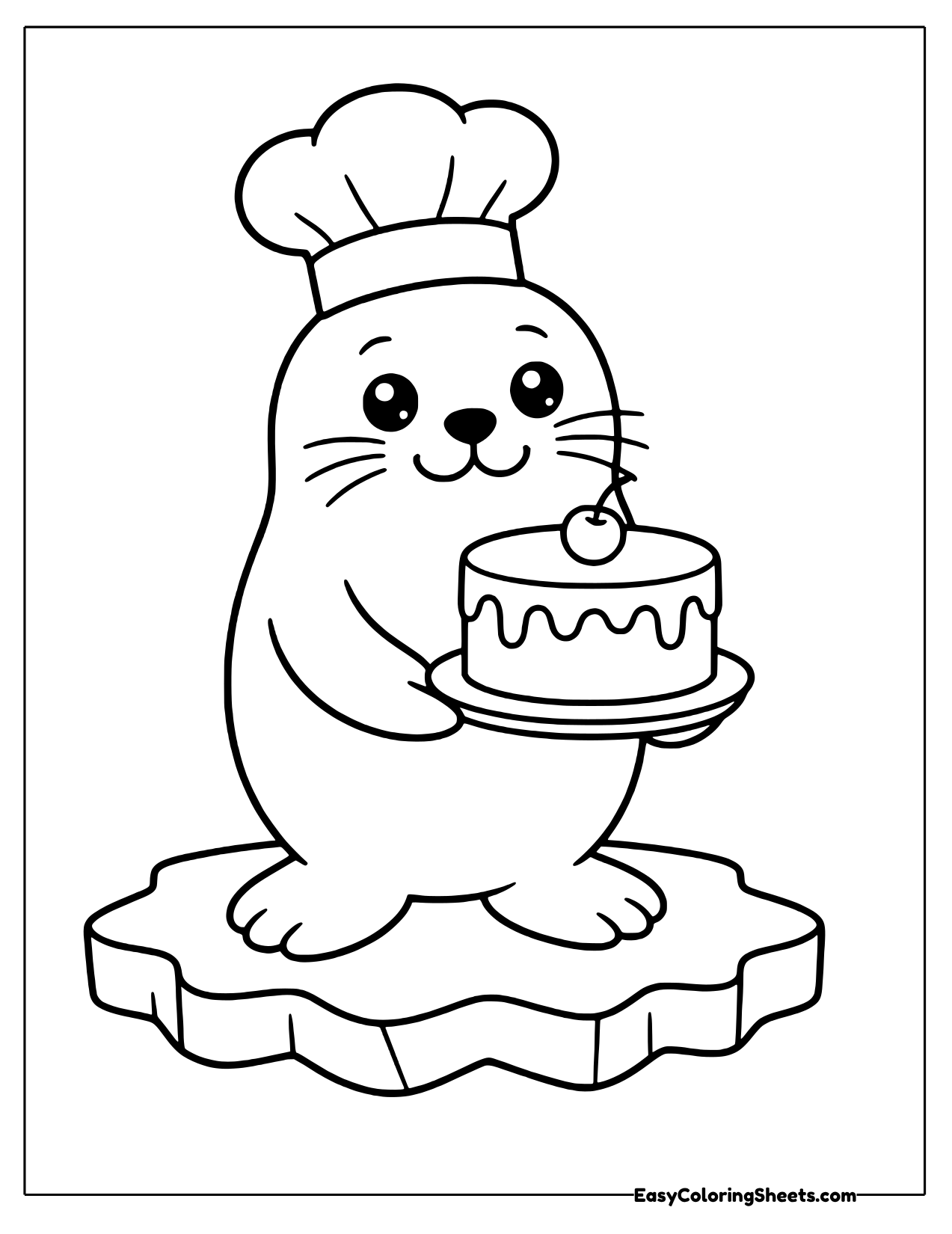 Seal chef wearing a tall hat and holding a cake