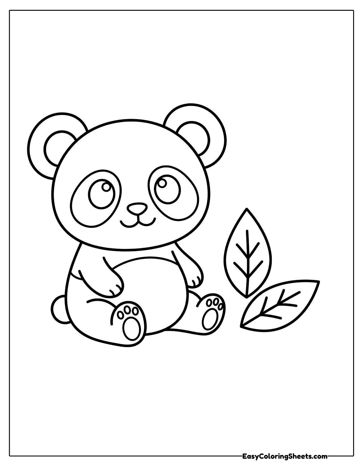 Baby panda sitting by bamboo leaves