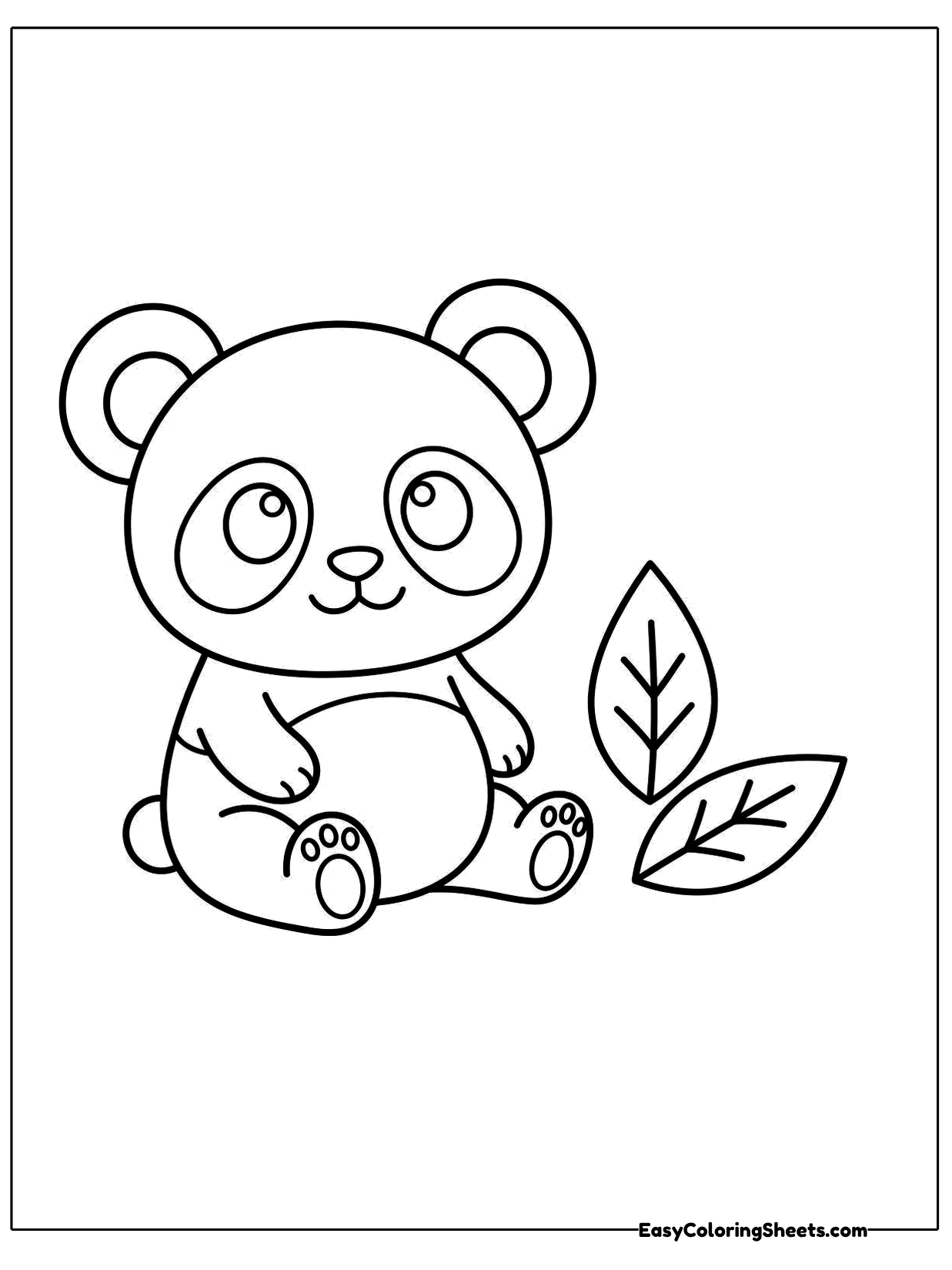 A baby panda sits with round ears and dark eye patches, next to a small sprig of bamboo leaves.