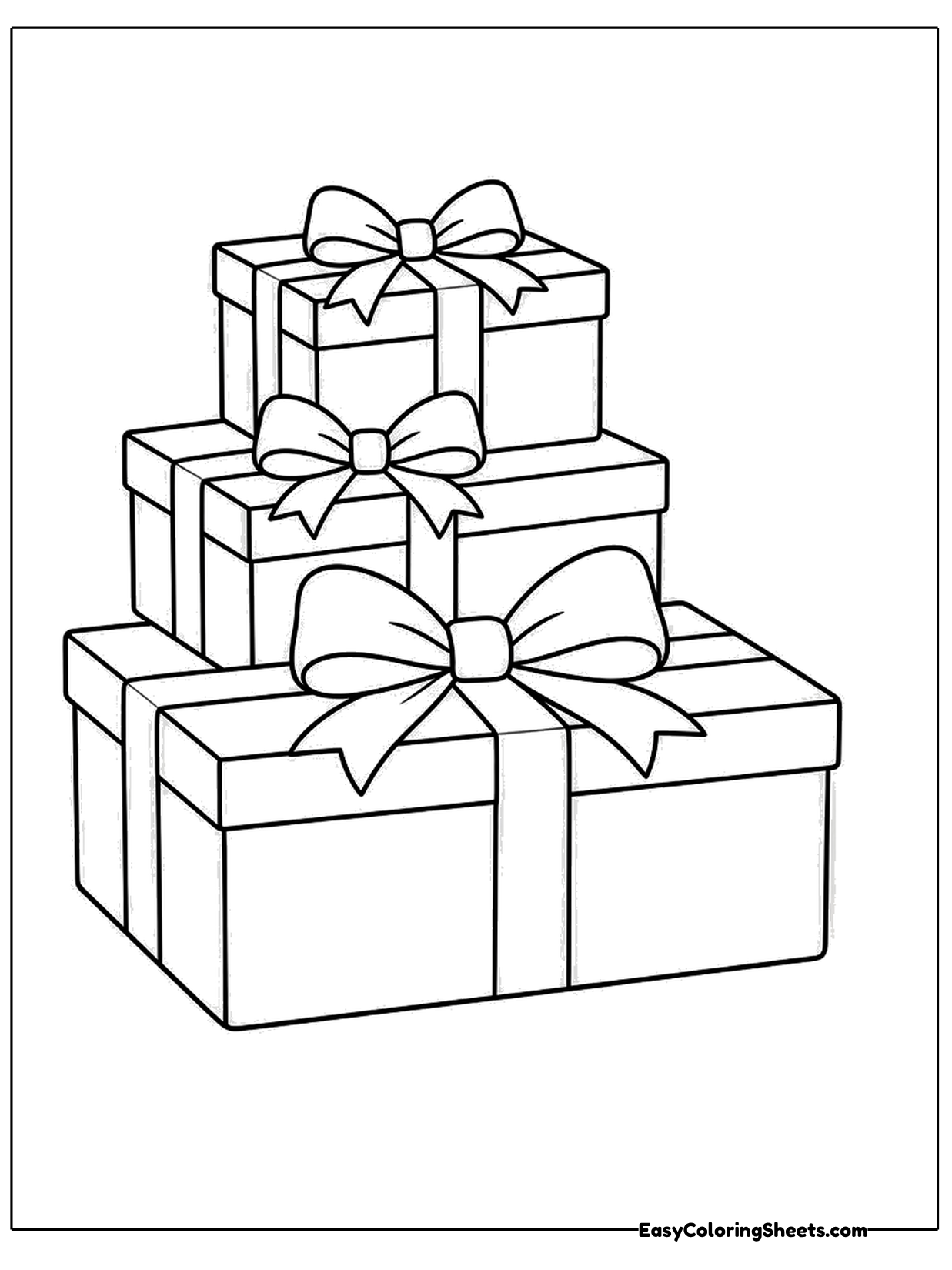 Three wrapped presents with bows are stacked in a tidy pile, each a little smaller than the one below.
