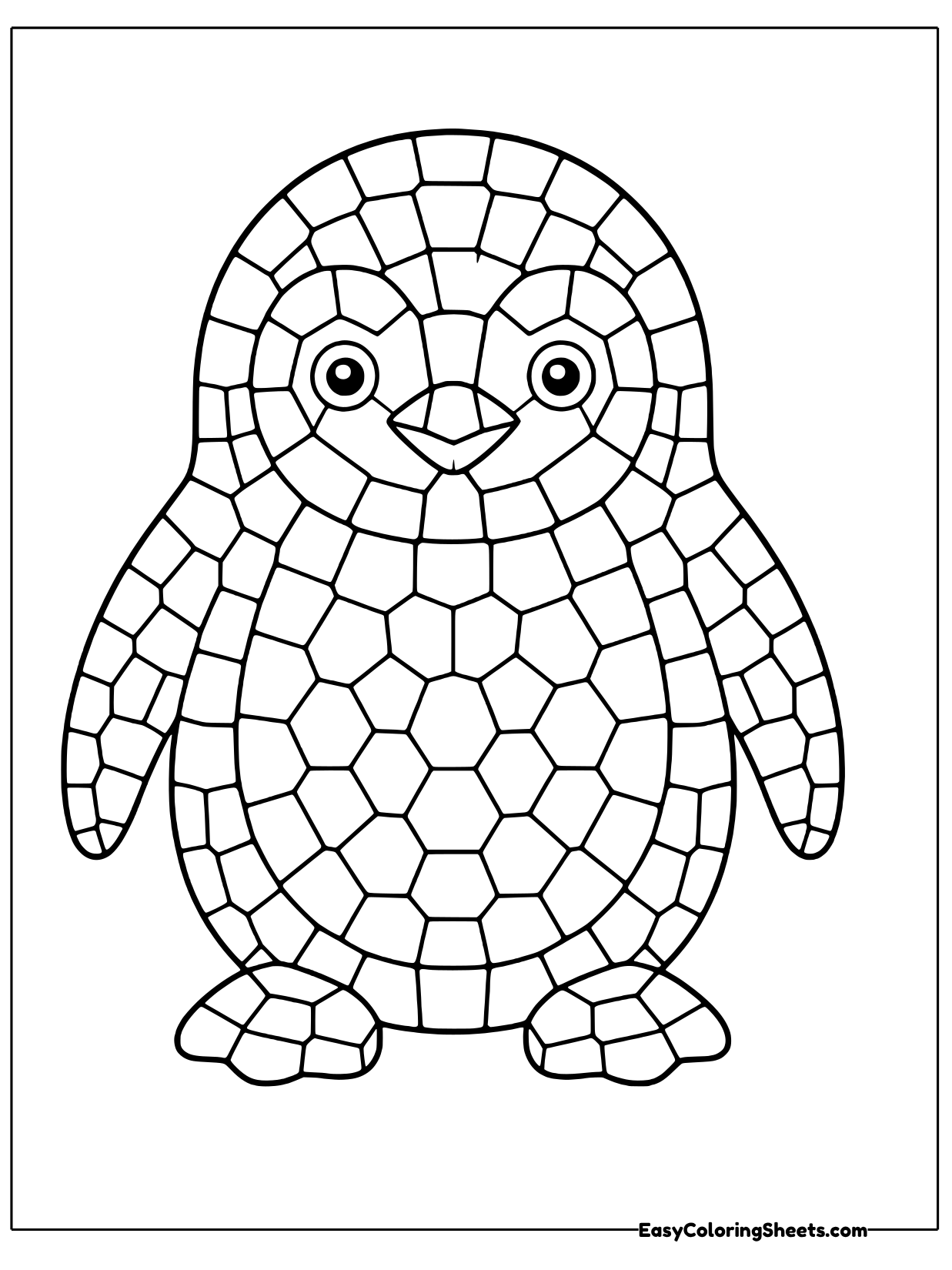 A standing penguin is pieced together from mosaic tiles with a clear face and small beak.