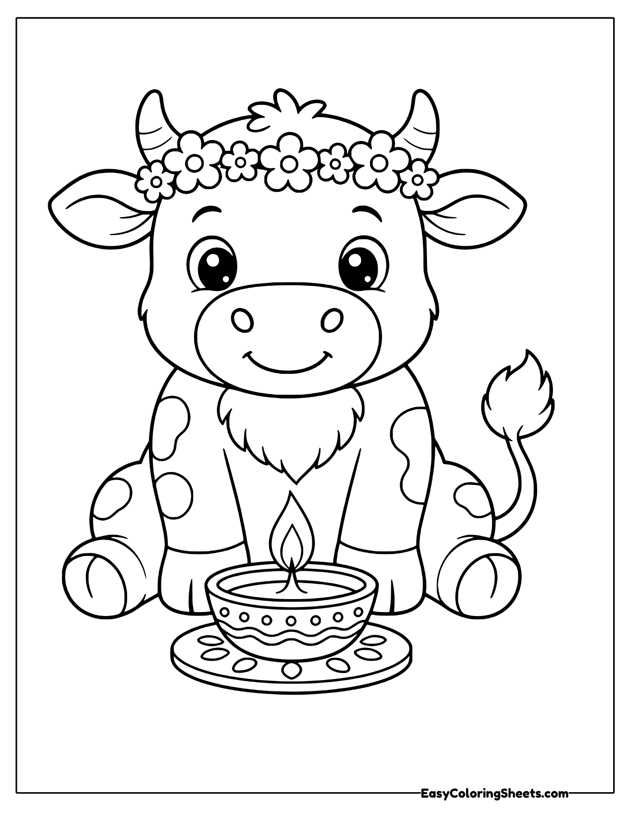 Cow with a flower crown and a diya