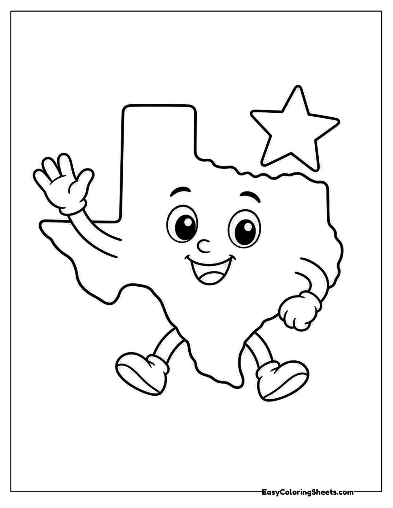 Smiling Texas state shape character with a star
