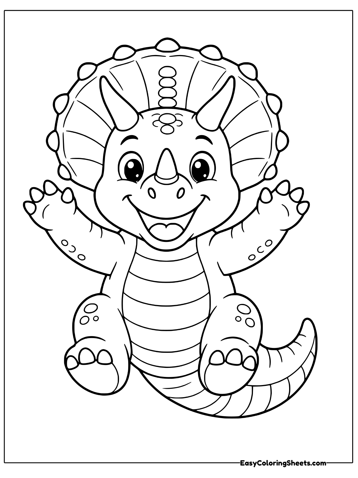 A cartoon triceratops faces forward and waves both arms, showing its wide frill and horns.
