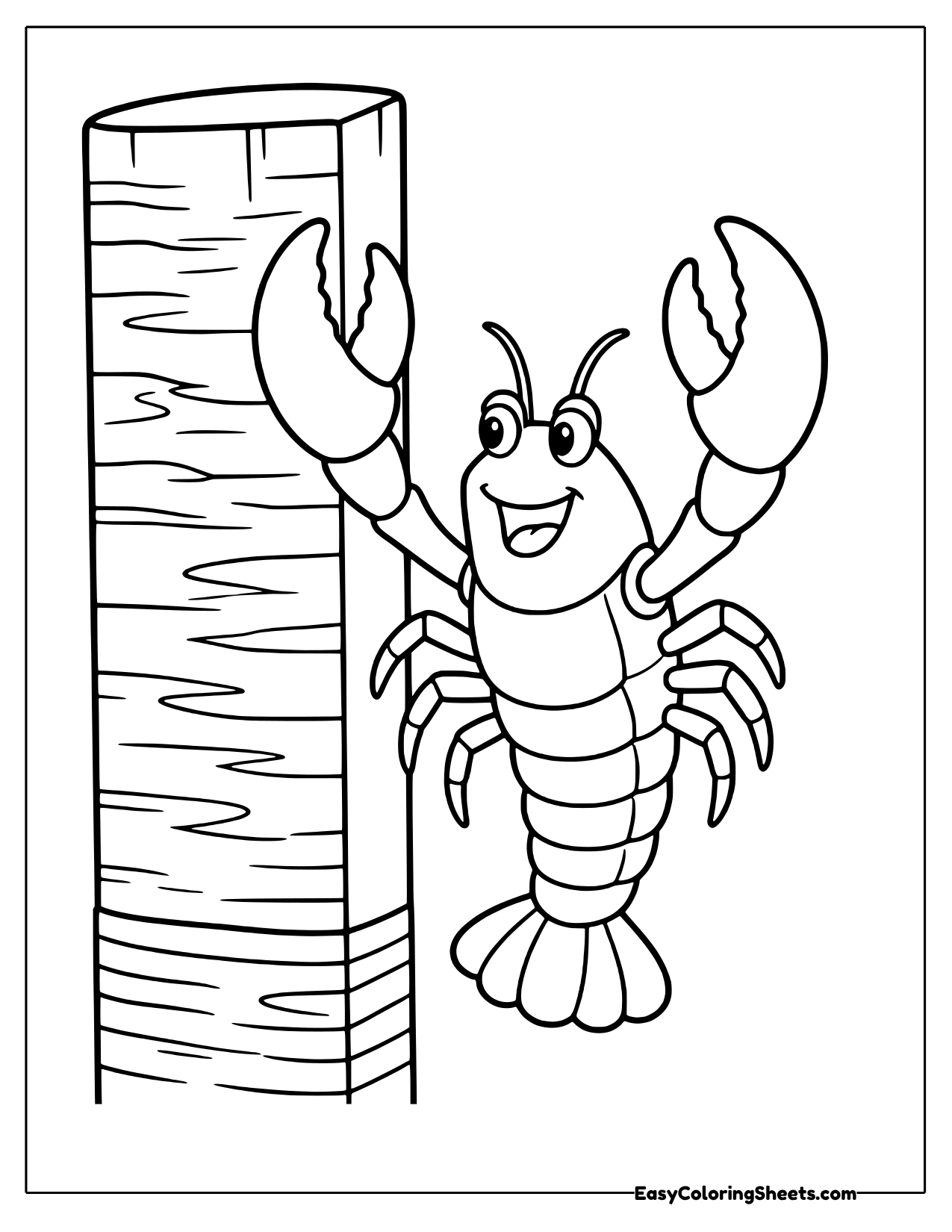 Lobster climbing up a wooden dock post