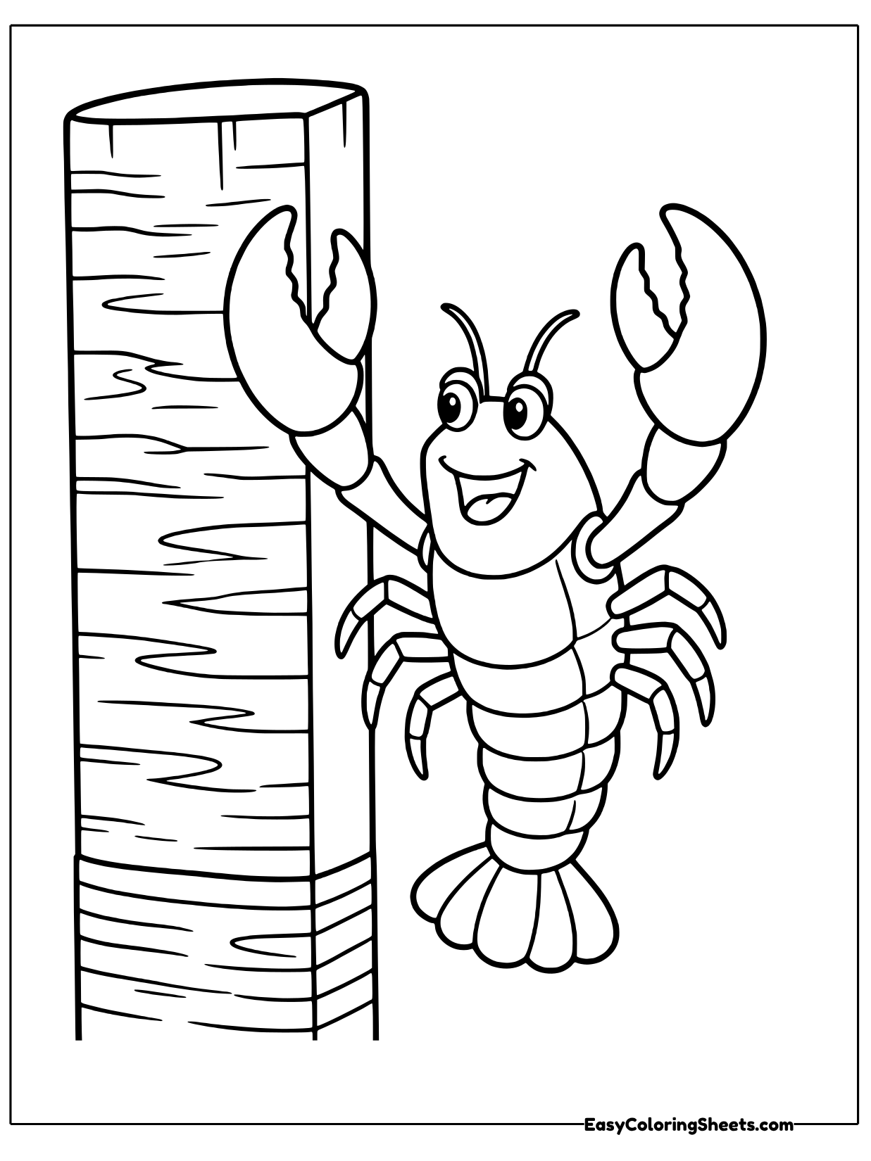 A happy lobster clings to a tall wooden post with its claws raised, as if climbing out of the water.